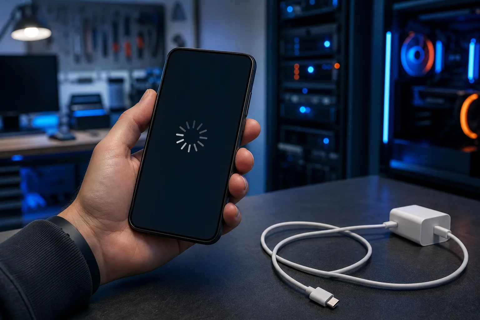 Hand holding black smartphone with loading spinner on dark screen; white USB-C charger and cable on desk in tech workspace
