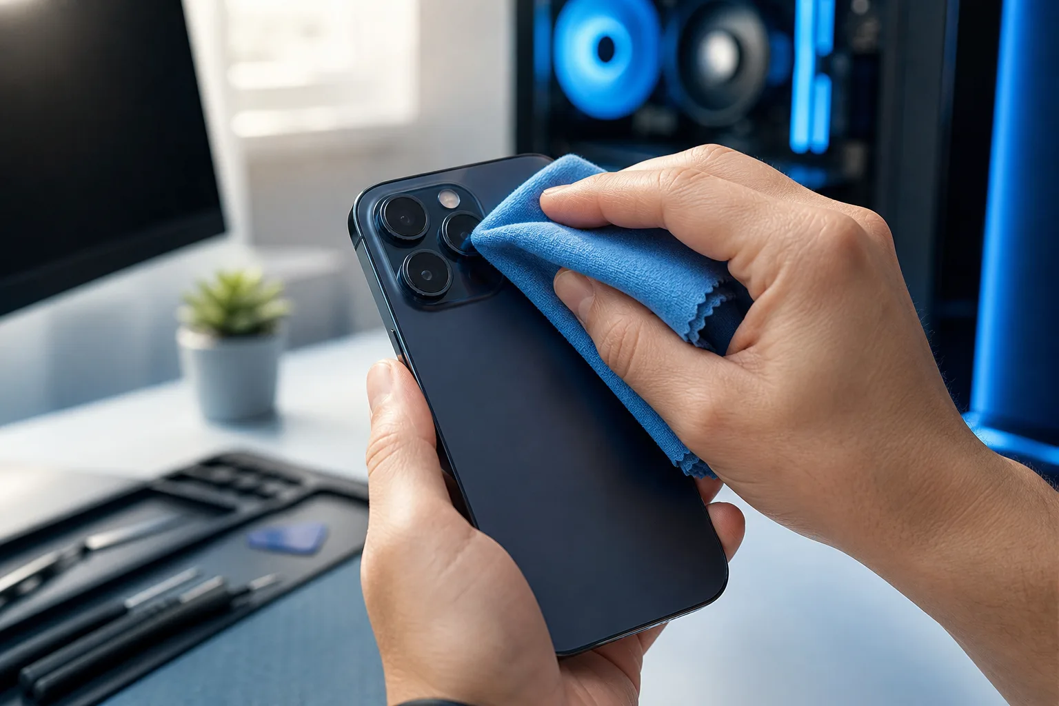 Dos manos limpian la cámara trasera de un iPhone Pro oscuro con un paño de microfibra azul, sobre un escritorio con una PC y un monitor.