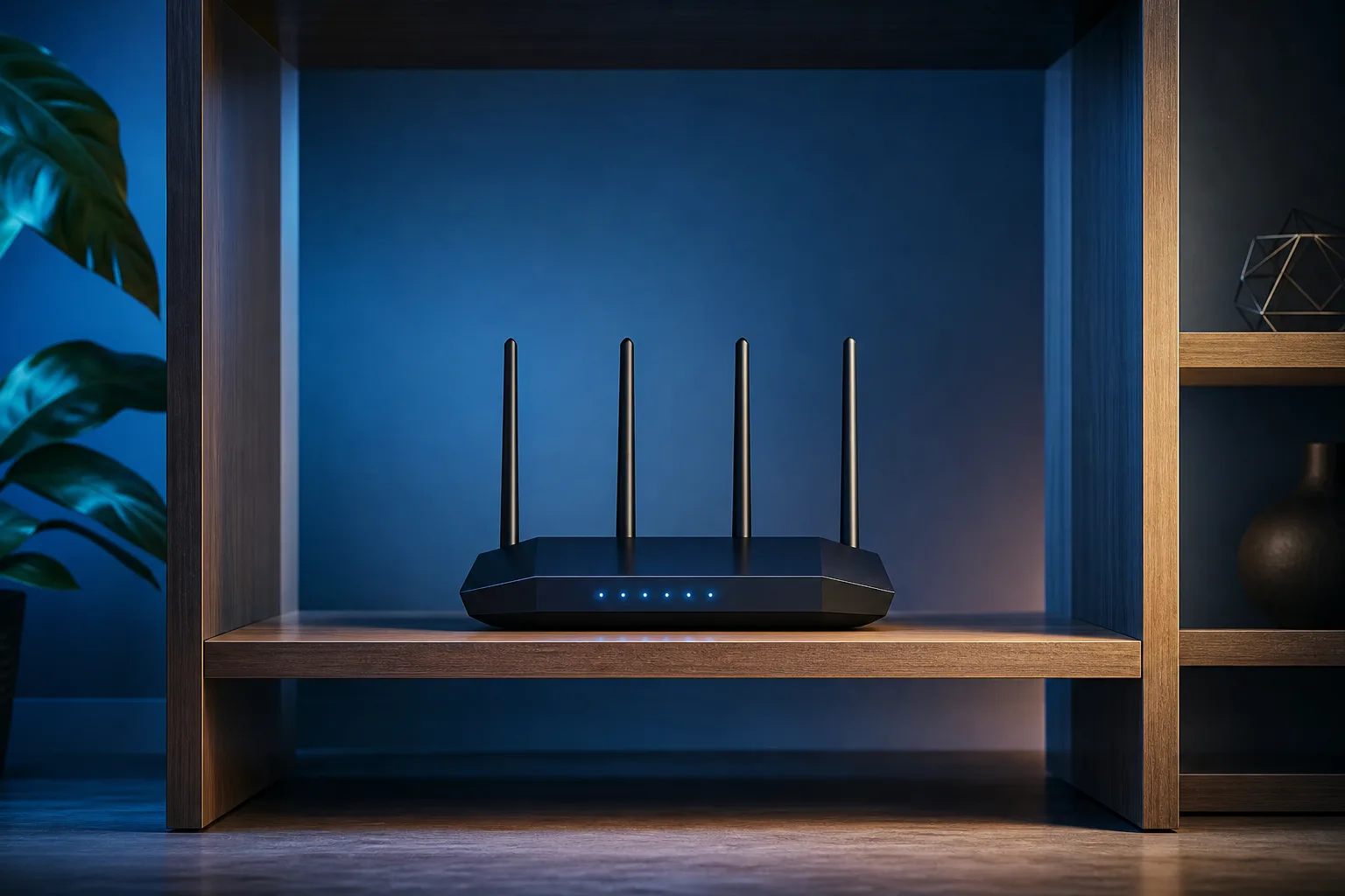 Black 4-antenna Wi-Fi router with blue LED indicator lights sitting on a wooden shelf in a dimly lit blue room.