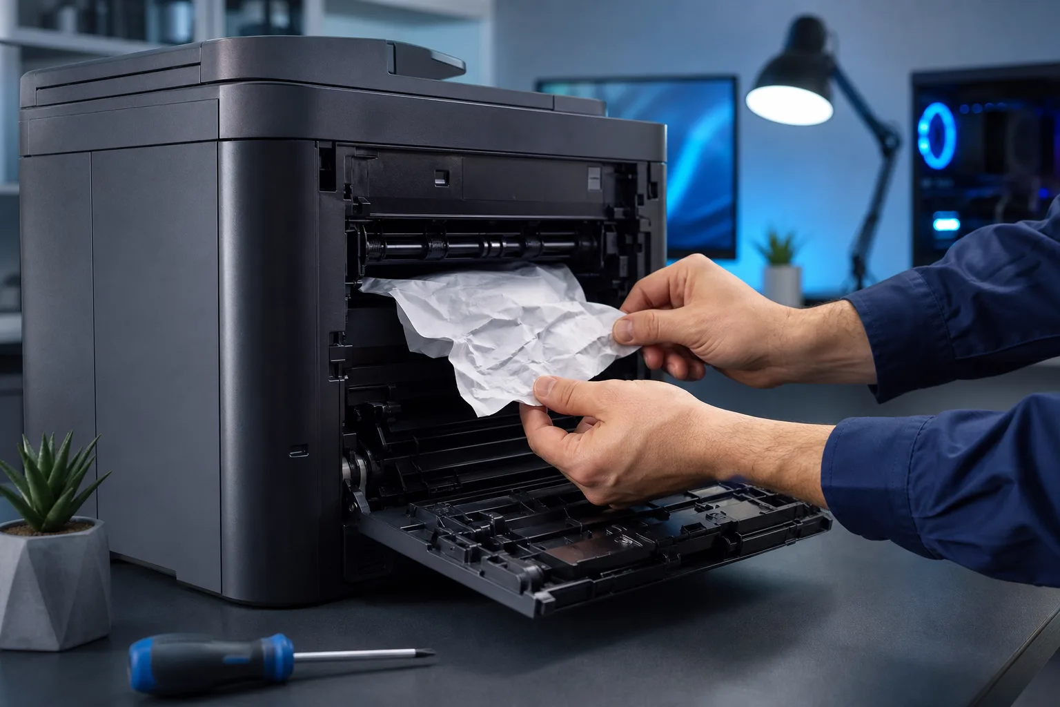 Hands pulling crumpled jammed paper from open rear access panel of a dark laser printer on a desk.