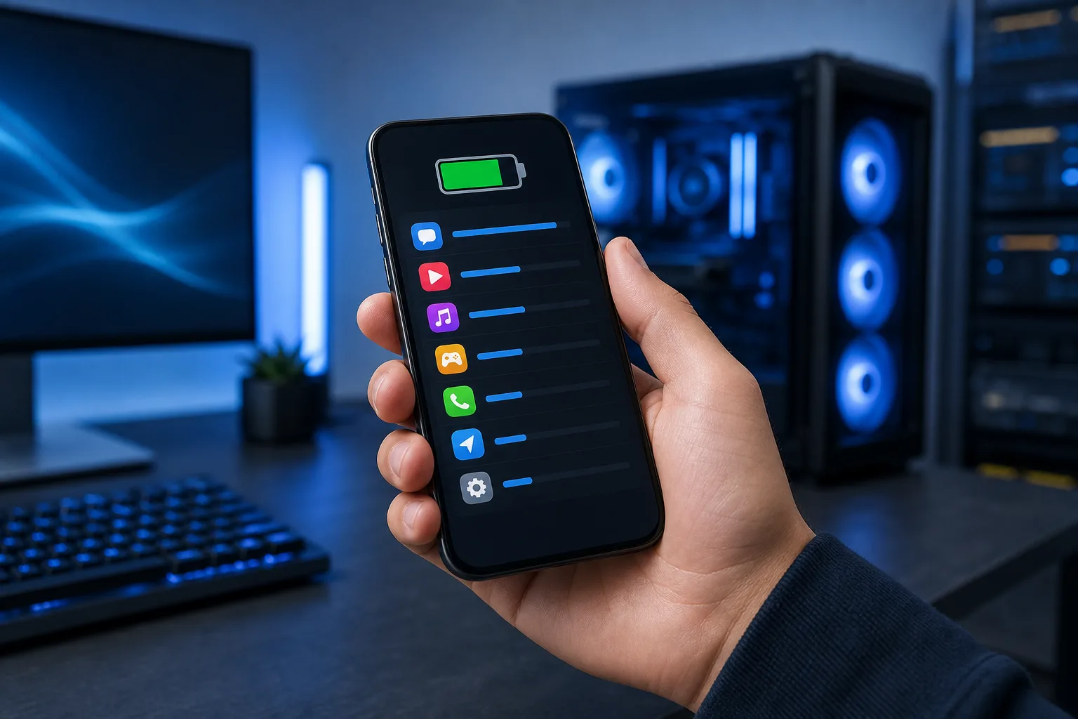 Hand holding a smartphone showing a battery usage screen with colorful app icons and blue bar indicators in a gaming room.