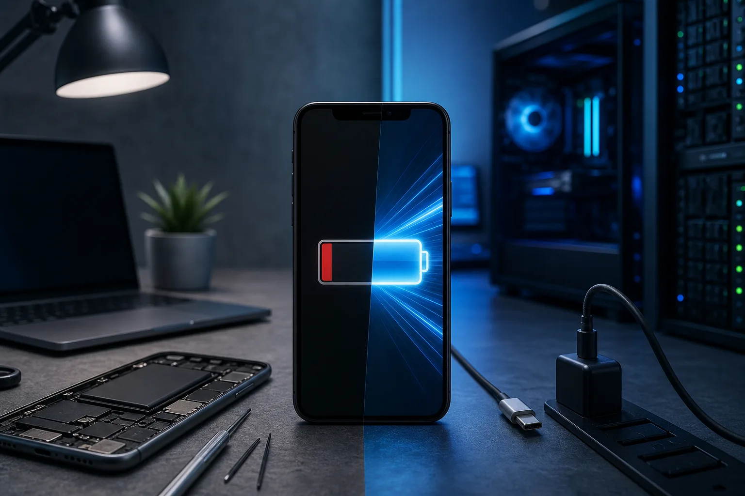 Smartphone on dark desk showing split low/full battery icon with blue light rays, charger and disassembled phone nearby.