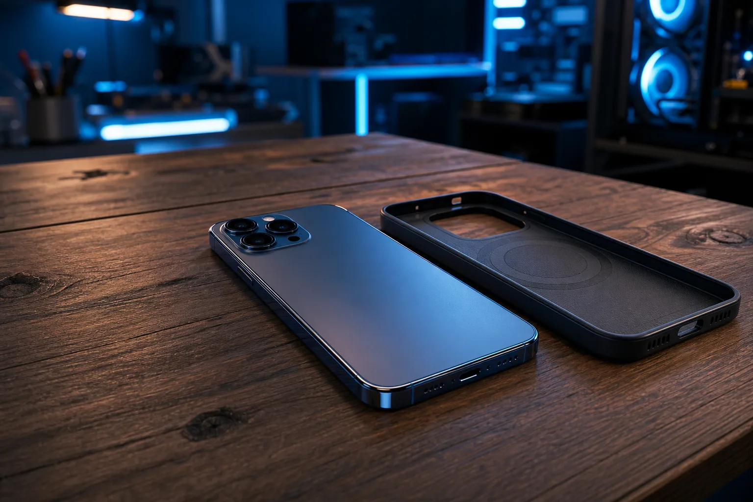 iPhone Pro de titanio azul colocado boca abajo sobre un escritorio de madera junto a una funda negra MagSafe retirada, con iluminación ambiental azul