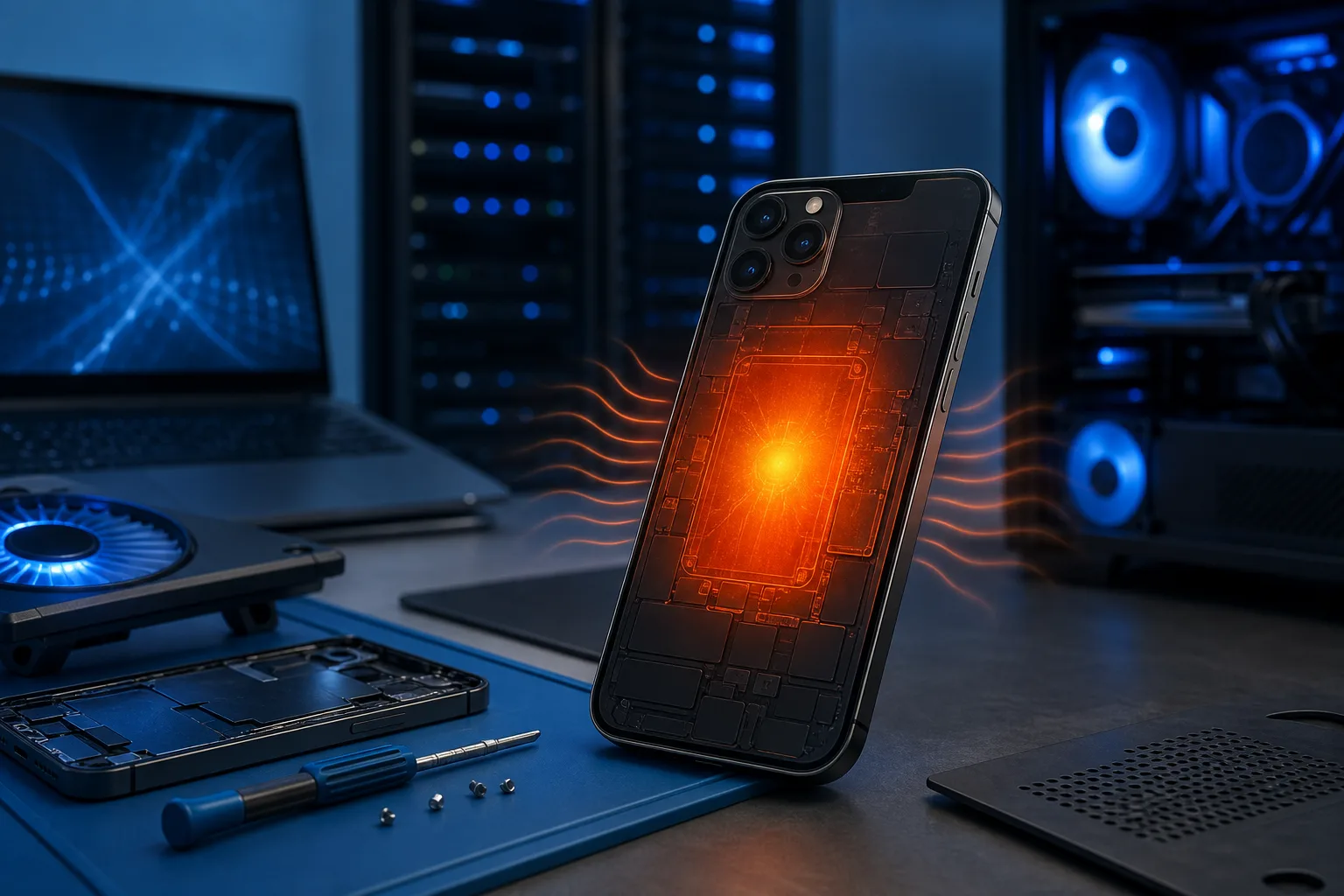Smartphone shown from behind with glowing orange heat emanating from internal chip area, set in a dark tech workspace.