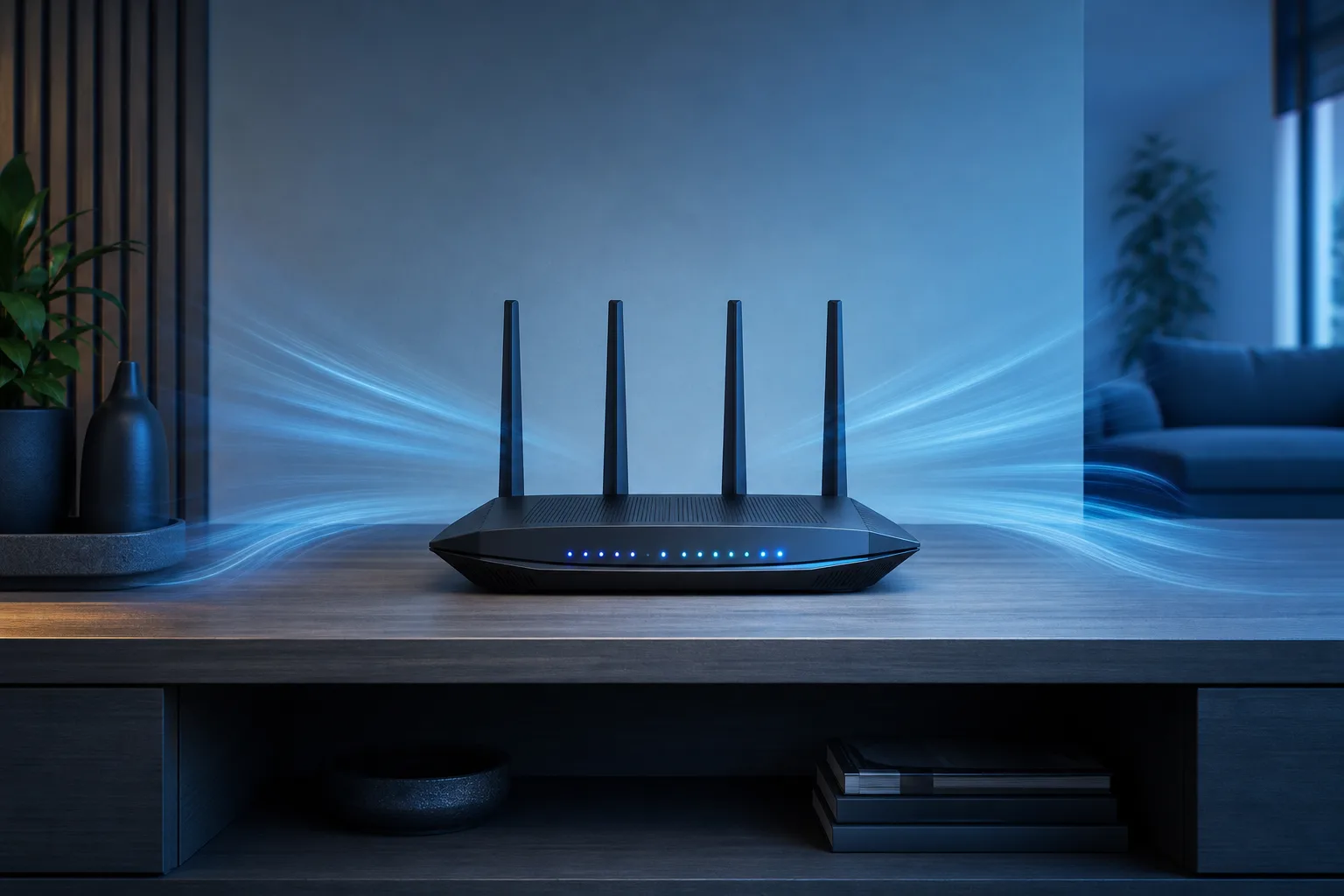 Router Wi-Fi negro con cuatro antenas sobre una repisa de madera, indicadores LED azules encendidos y ondas de señal azules estilizadas en una habitación con poca luz.