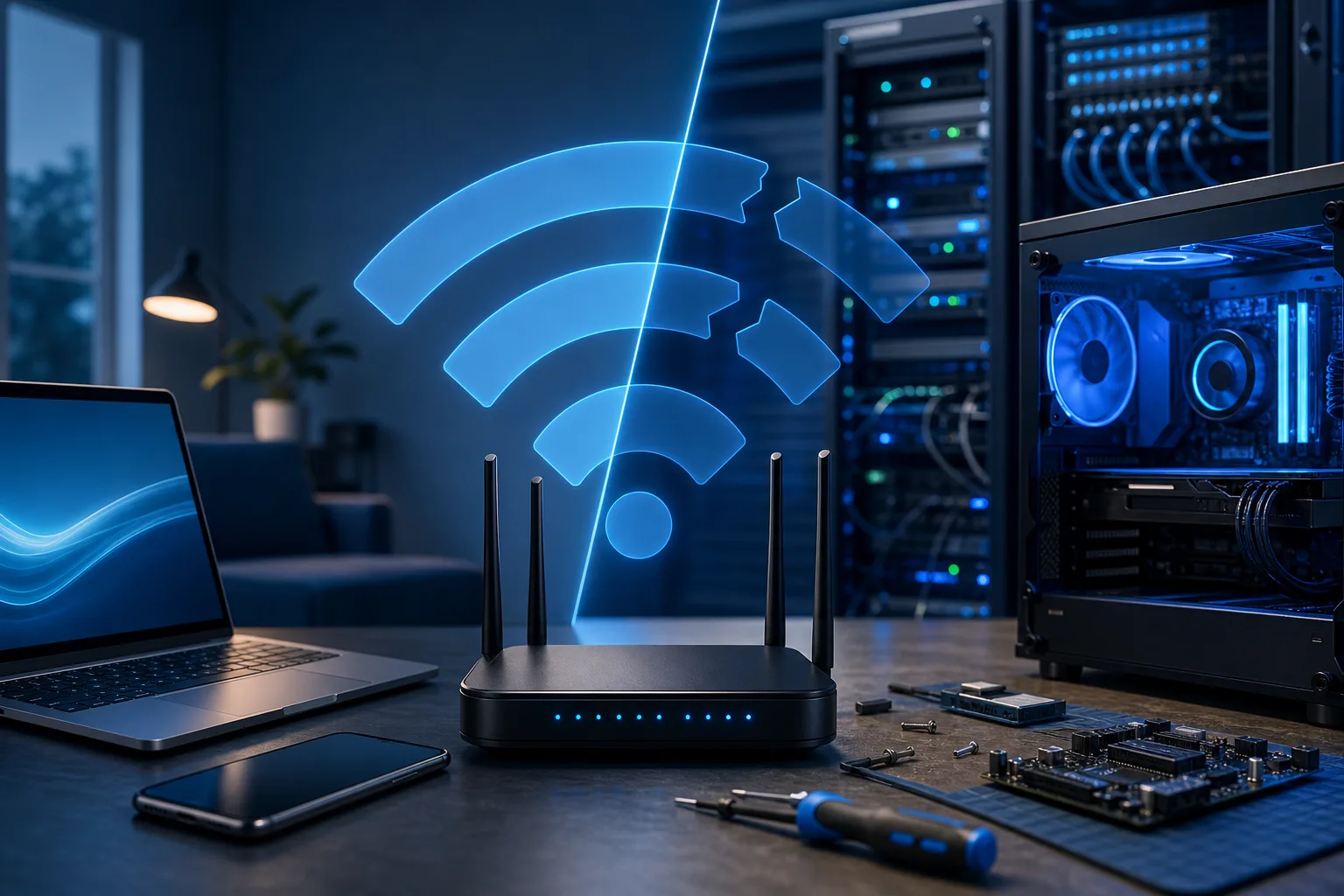 Black WiFi router with glowing blue signal icon, flanked by a laptop, smartphone, PC tower, server racks, and tech tools. Black WiFi router with glowing blue signal icon, flanked by a laptop, smartphone, PC tower, server racks, and tech tools.