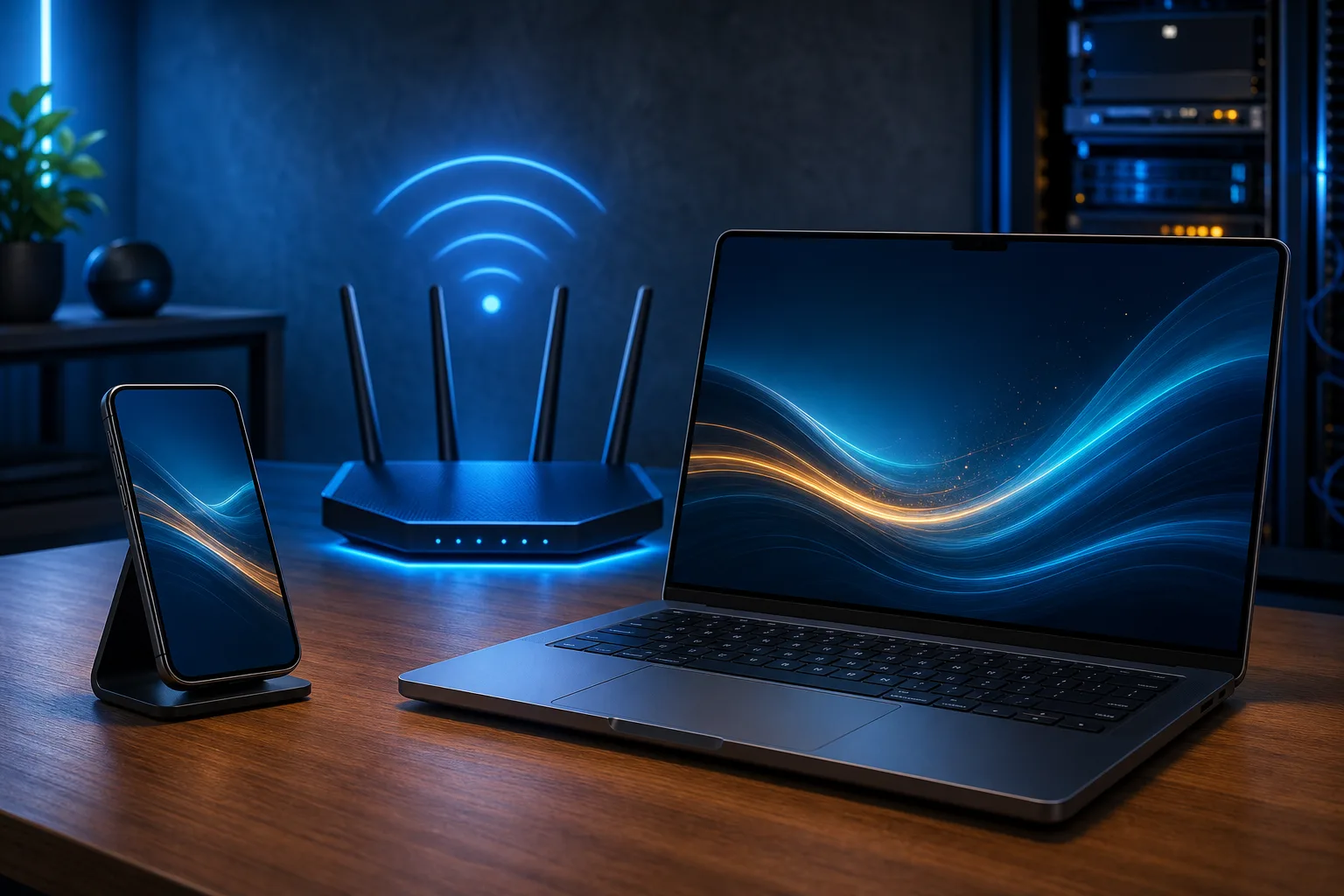 Smartphone on stand and open laptop on wooden desk with glowing Wi-Fi router behind, blue ambient lighting