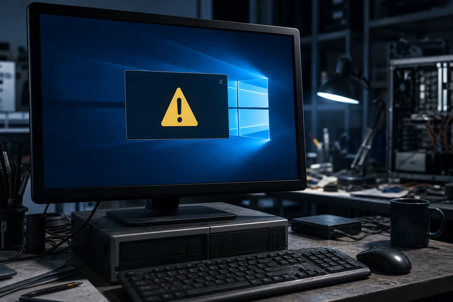 Aging desktop PC on a workshop desk running Windows 10, displaying a dark dialog box with a yellow warning triangle icon.