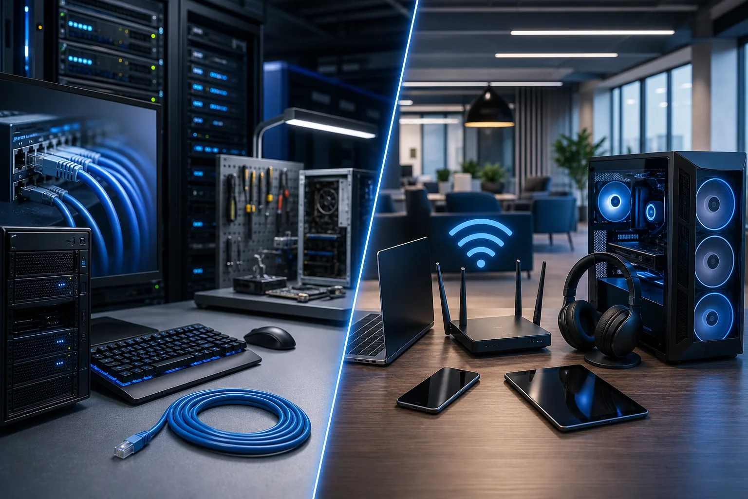 Split scene: left shows wired network setup with servers, cables, keyboard; right shows wireless router, laptop, phone, tablet, PC.