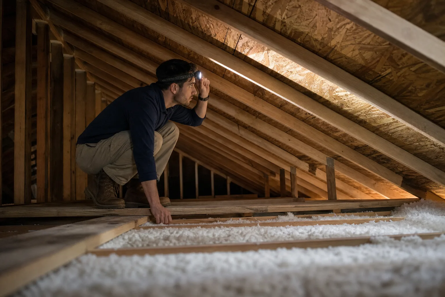 Inspector with headlamp crouches on attic joists examining roof rafters and OSB sheathing, with blown-in insulation below.