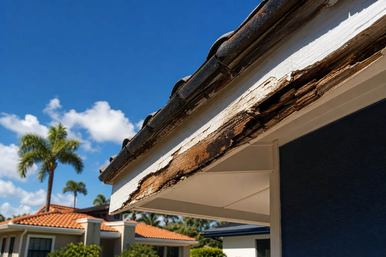 Close-up of severely rotted wooden fascia board with peeling white paint on a Florida home's roofline, palm trees in background.