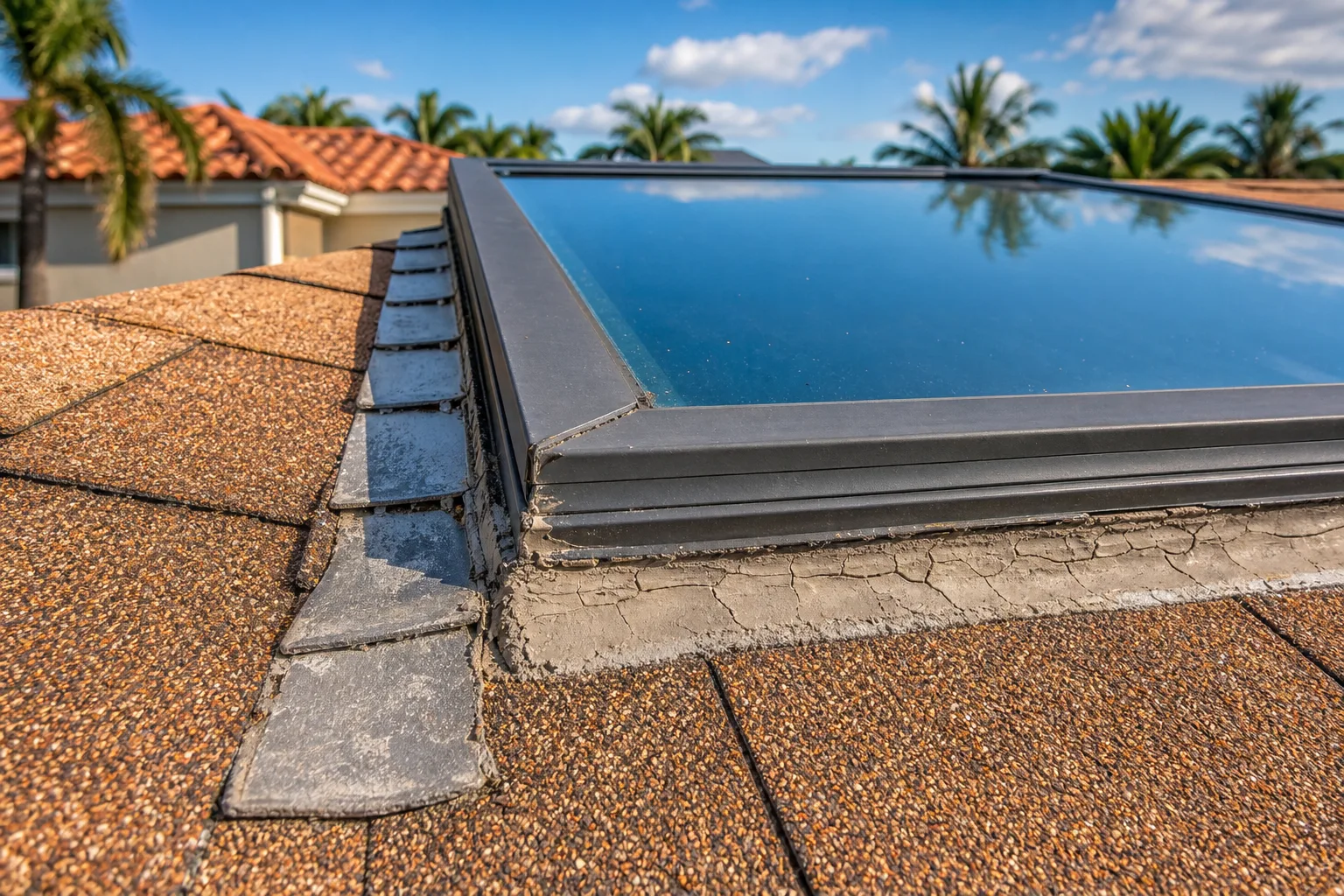 Close-up of a residential skylight with weathered step flashing and cracked dried sealant on an asphalt shingle roof, palm trees behind.
