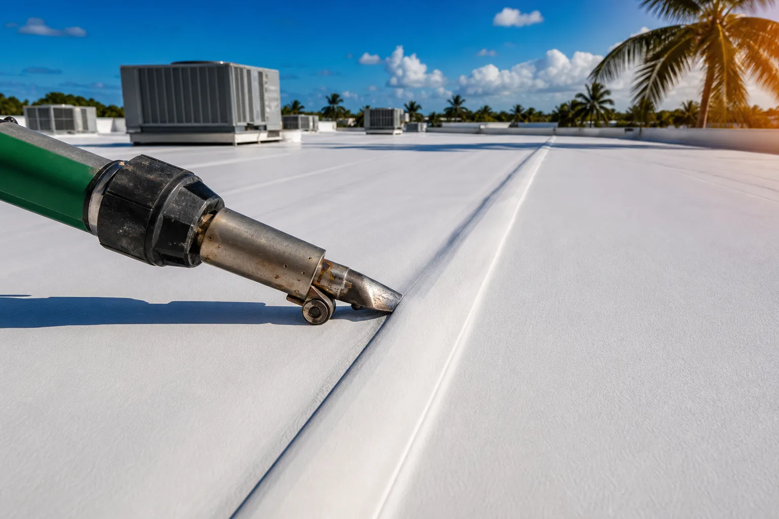 Hot-air welding gun seaming white TPO roofing membrane on flat commercial roof with HVAC units and palm trees in background