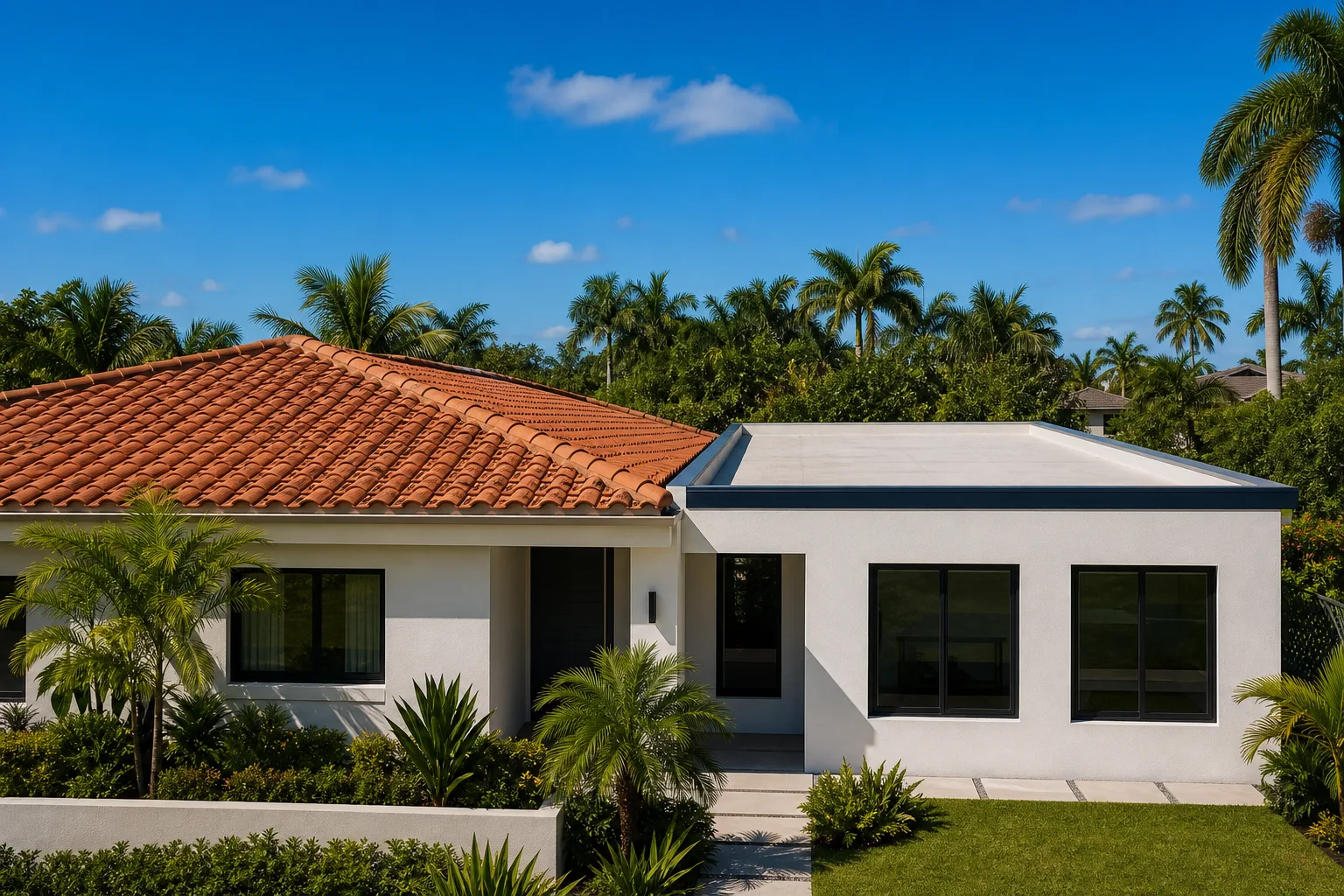 Florida home with terracotta hip-style tile roof beside a modern flat-roofed white stucco addition, palm trees in background.