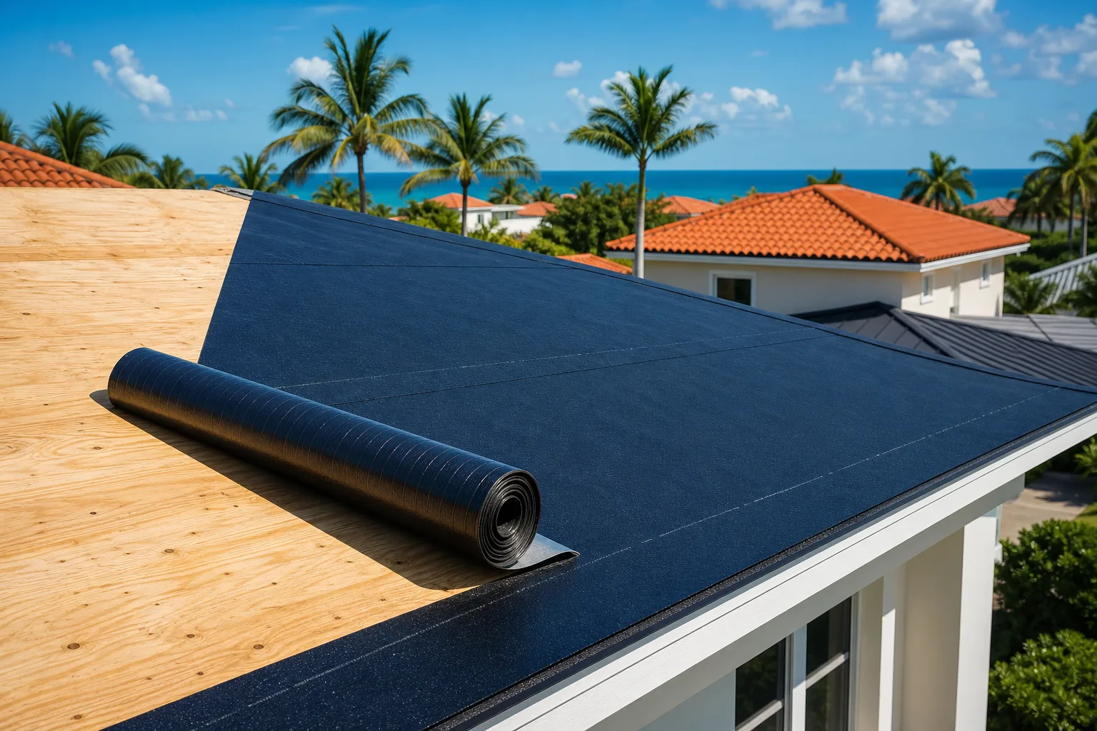 Dark blue self-adhering underlayment being unrolled across a plywood roof deck with palm trees and ocean in background.