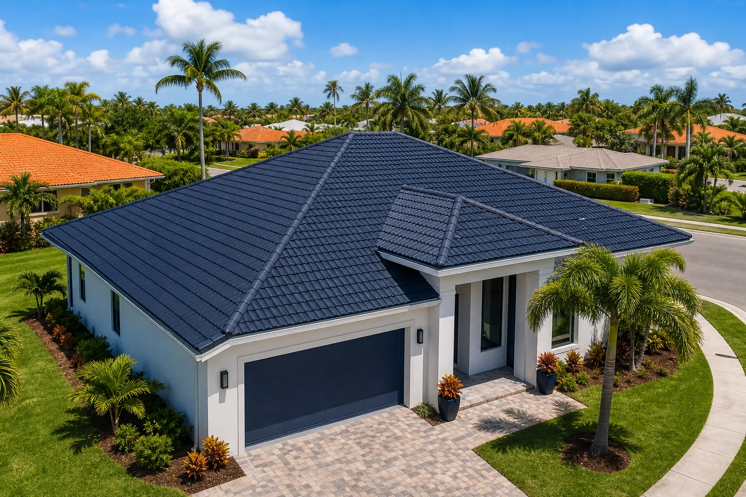 Aerial view of a modern Florida home with dark navy hip roof tiles, white stucco walls, double garage, surrounded by palm trees.