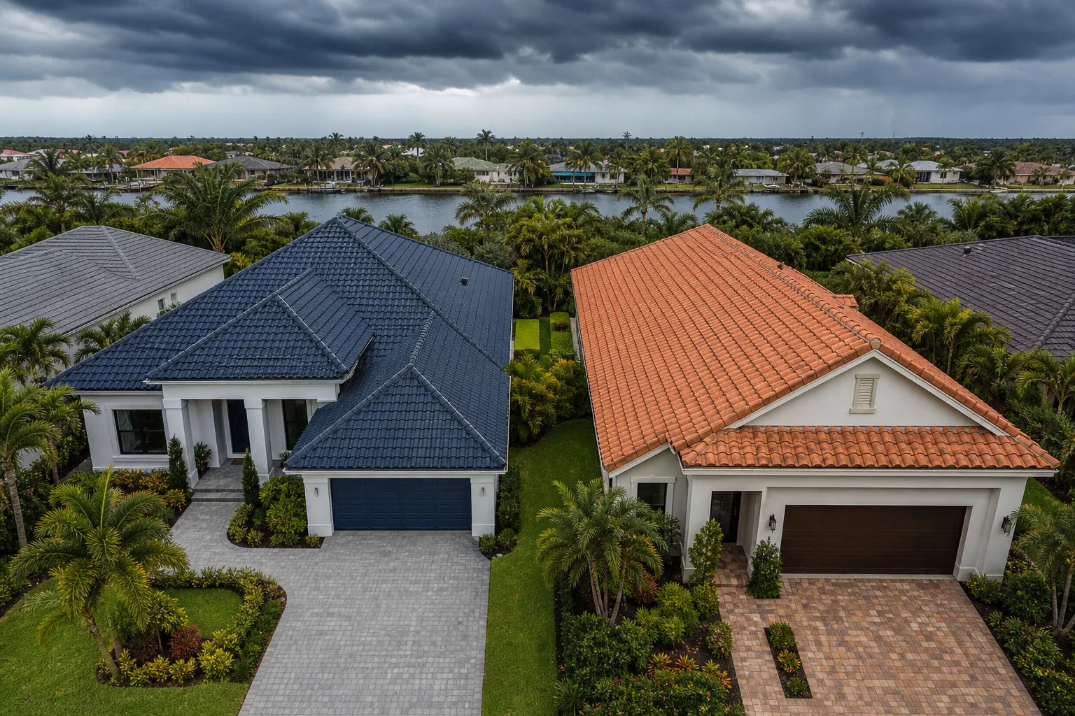 Aerial view of two Florida homes side-by-side: dark blue hip-roofed house left, terracotta hip-roofed house right, waterway behind