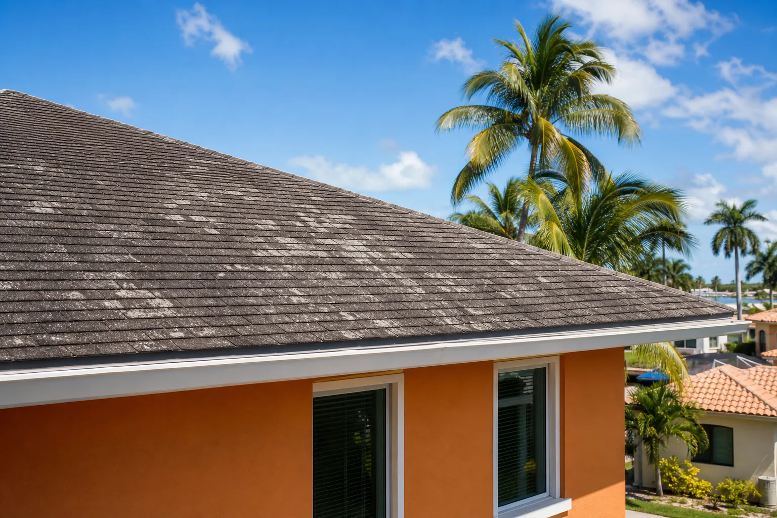 Close-up of a dark asphalt shingle roof with white discoloration patches on an orange stucco Florida home, palm trees behind.