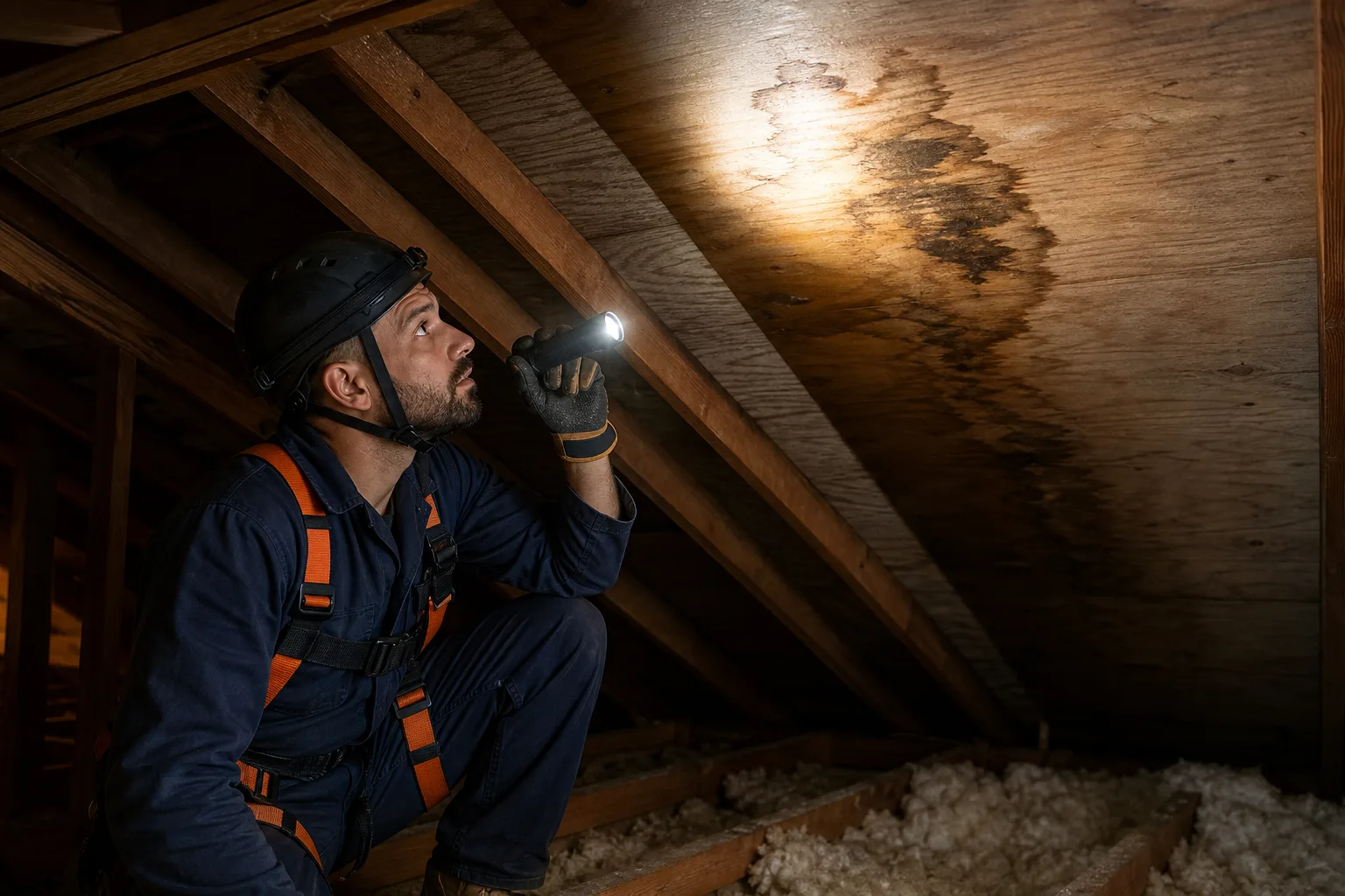 Inspector in hard hat and safety harness shines flashlight at water-stained, mold-marked roof sheathing in dark attic.