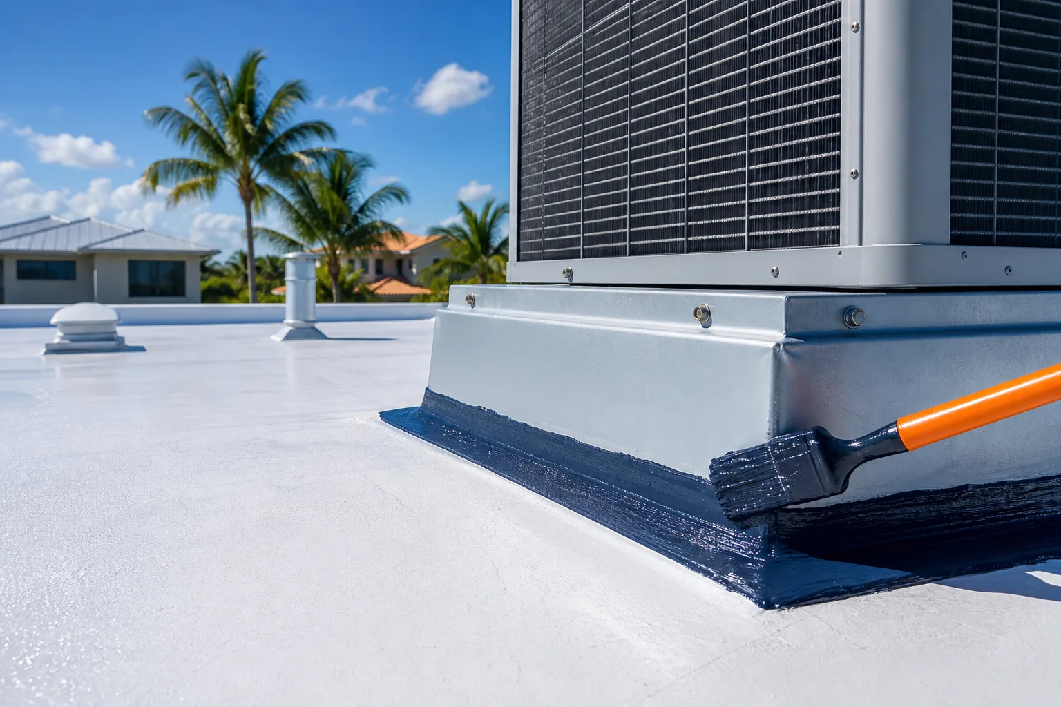 Paintbrush applying dark roofing mastic around metal curb flashing at base of rooftop AC unit on white flat Florida roof.