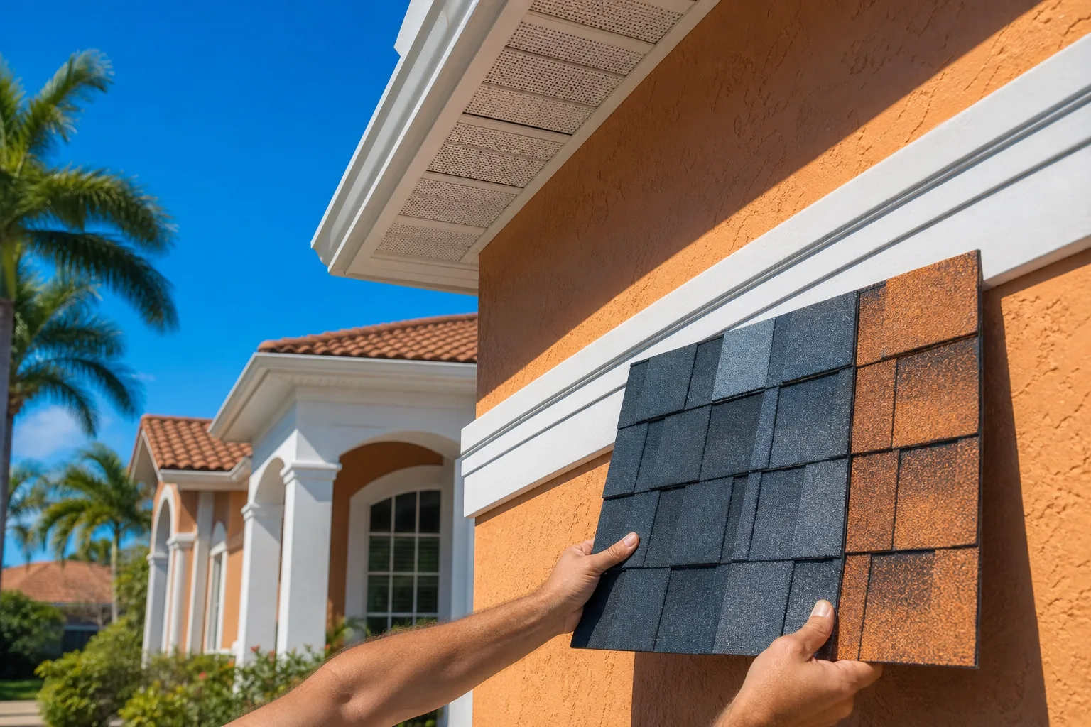 Hands holding dark gray asphalt shingle samples against orange stucco exterior of a Florida-style home with tile roof.