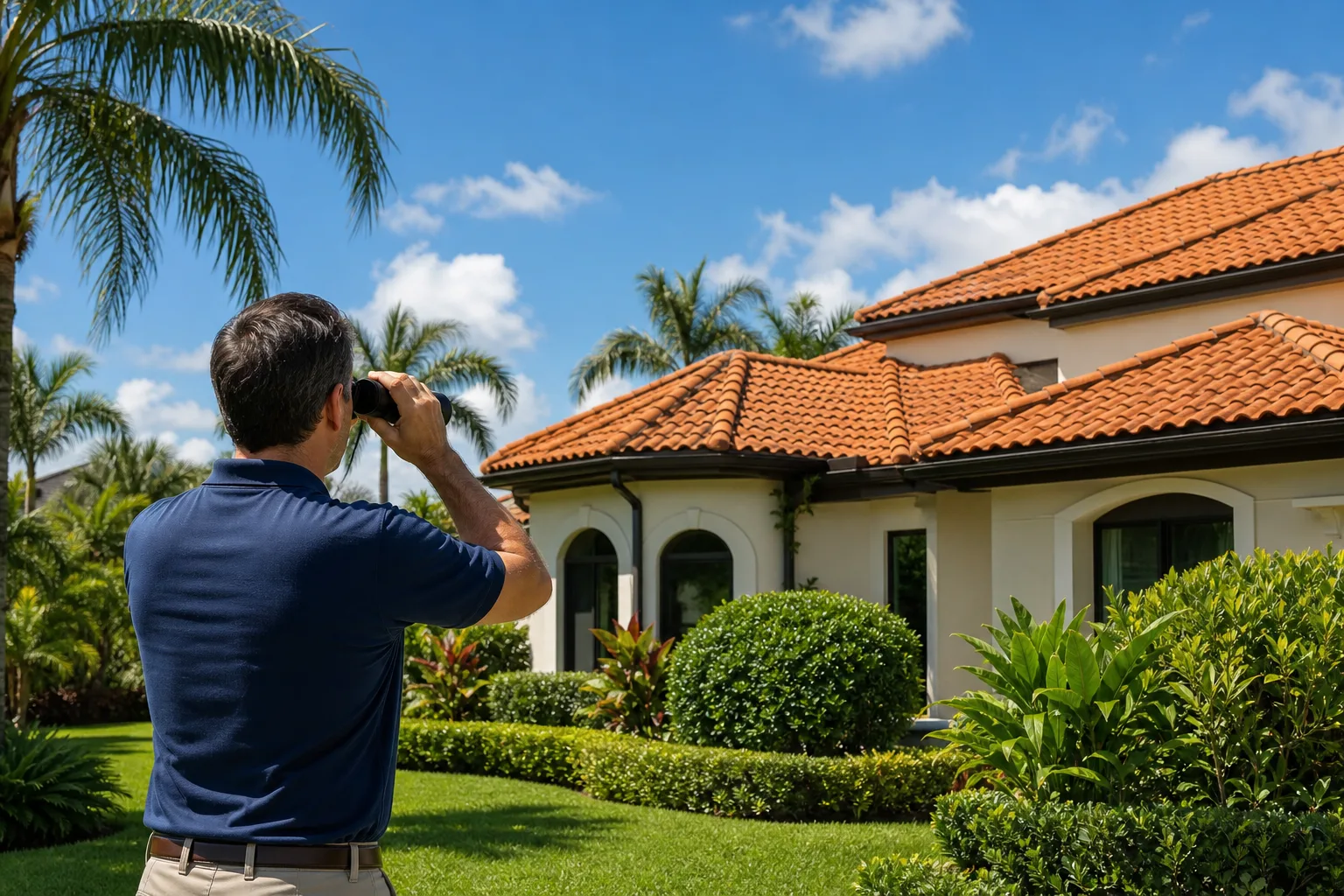 Man in blue polo uses binoculars to inspect a terracotta tile roof on a Florida-style home surrounded by palm trees and shrubs.