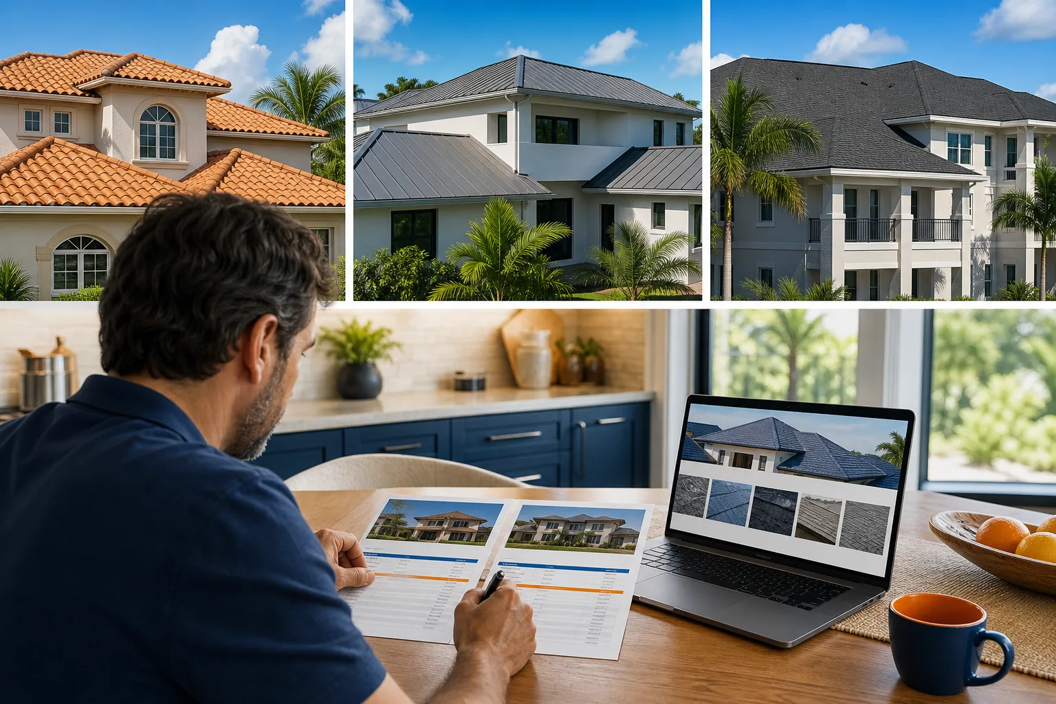 Man at kitchen table reviews roofing estimates with laptop showing roof photos; three roof types shown above: tile, metal, shingle.
