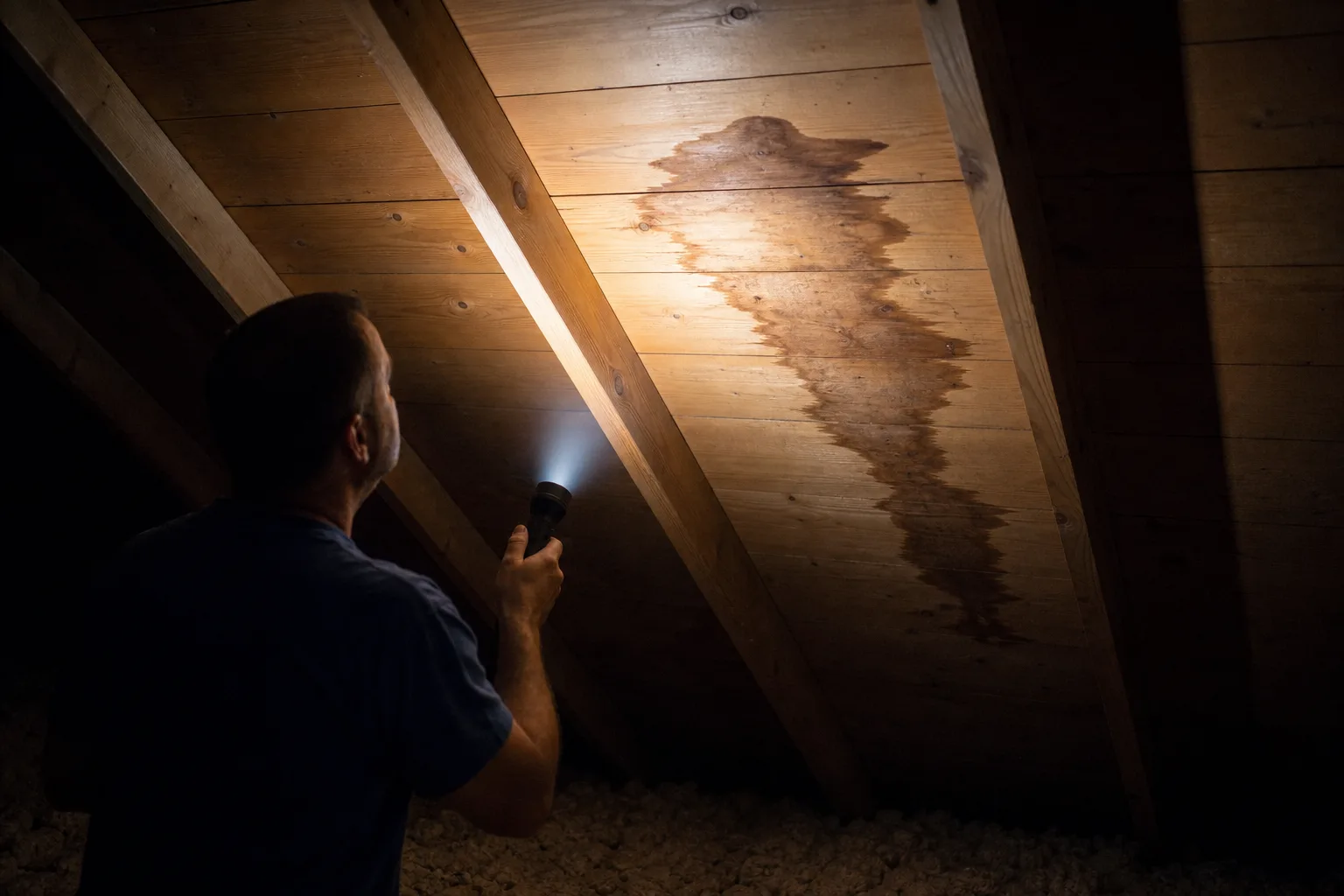 Man in dark attic shining flashlight at wooden roof decking showing large water damage stain and discoloration.