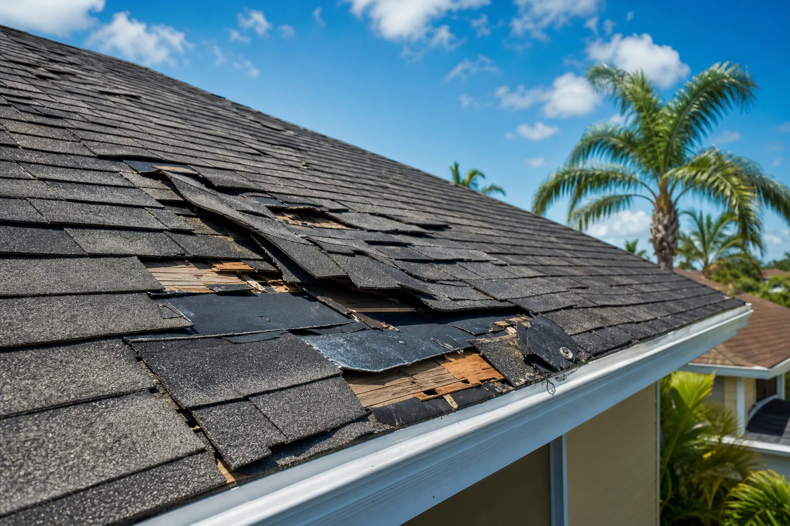Close-up of a damaged asphalt shingle roof with lifted, cracked, and missing shingles exposing wooden decking, palm trees behind.