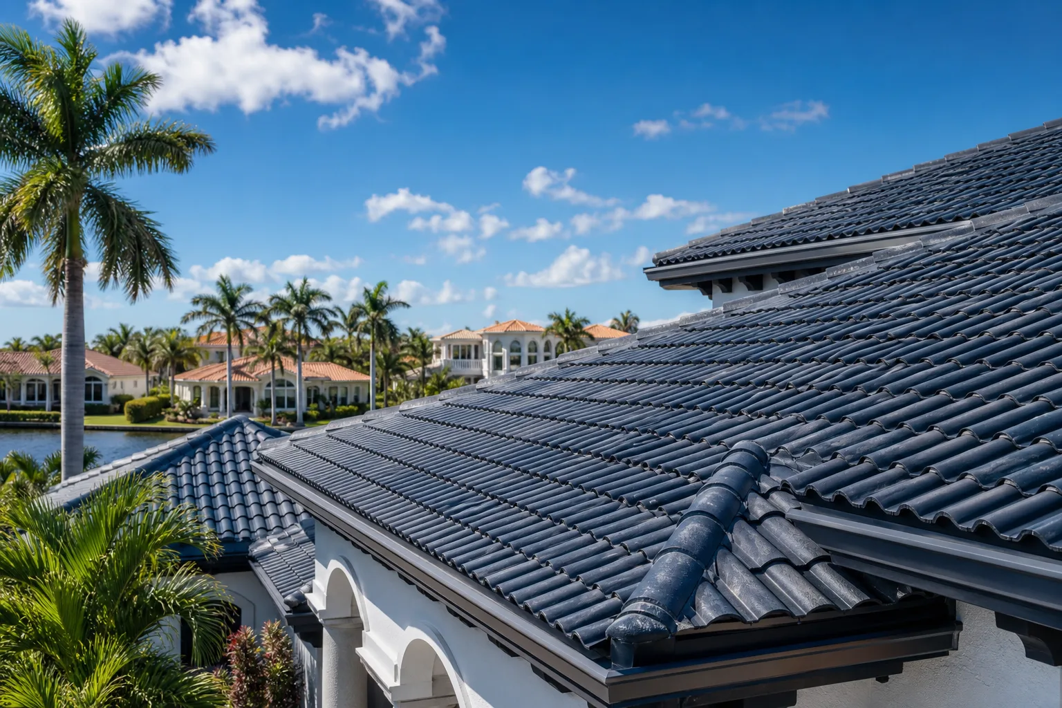 Close-up of dark gray concrete barrel tile roof on a white stucco home in a waterfront South Florida neighborhood with palm trees