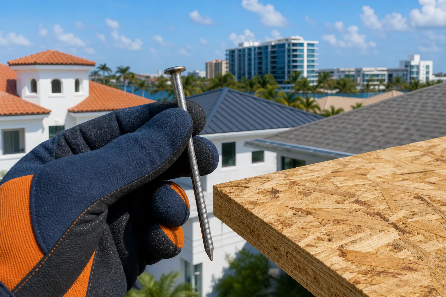 Gloved hand holding a ring-shank roofing nail beside an OSB panel edge, with residential rooftops and palm trees in background.