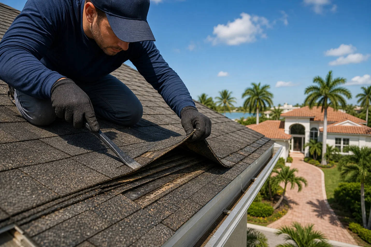 Roofer in navy uniform kneeling at eave edge, prying back weathered asphalt shingles with flat bar, tropical neighborhood behind.