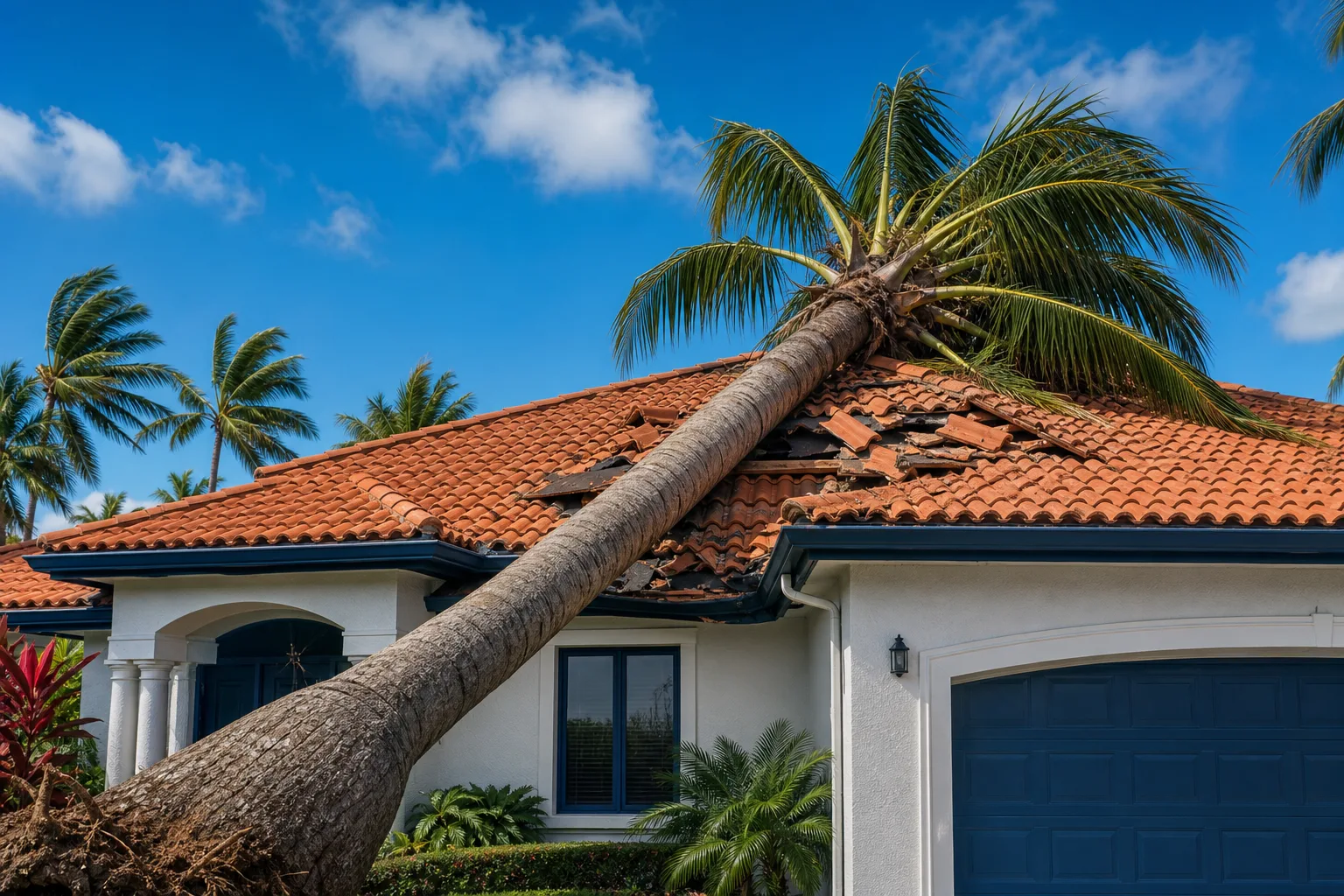 Fallen palm tree resting diagonally across a red clay tile roof, causing visible breakage and displacement of tiles on a white stucco home.