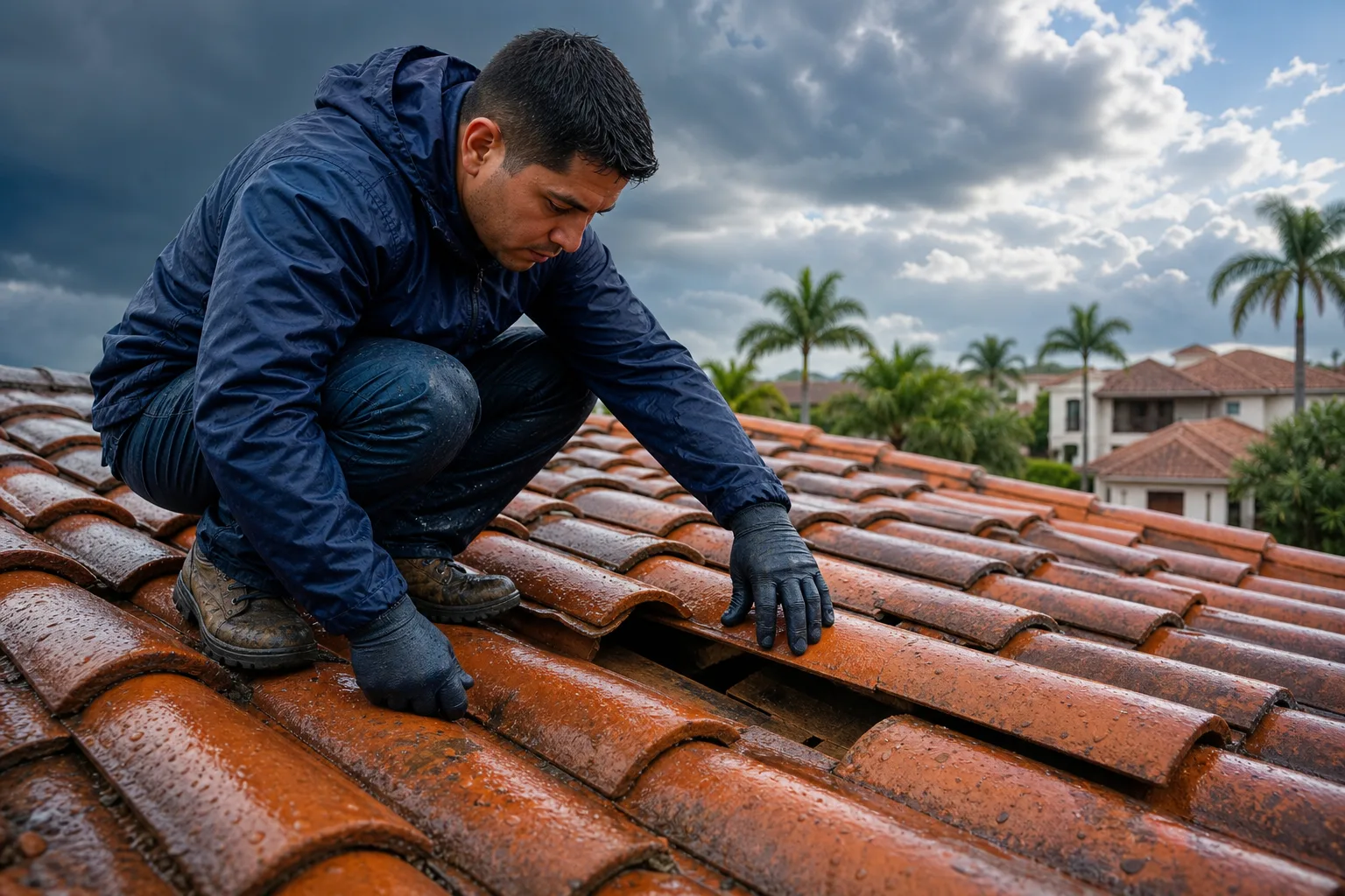 Worker in blue jacket and gloves crouches on wet clay tile roof after storm, pressing hand against displaced tile, palm trees behind.