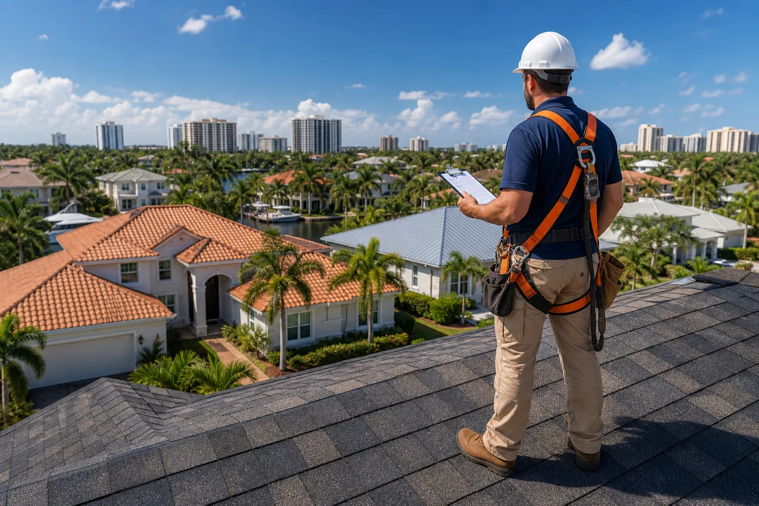 Roofing contractor in white hard hat and orange safety harness stands on asphalt shingle roof, clipboard in hand, overlooking sunny South Florida neig