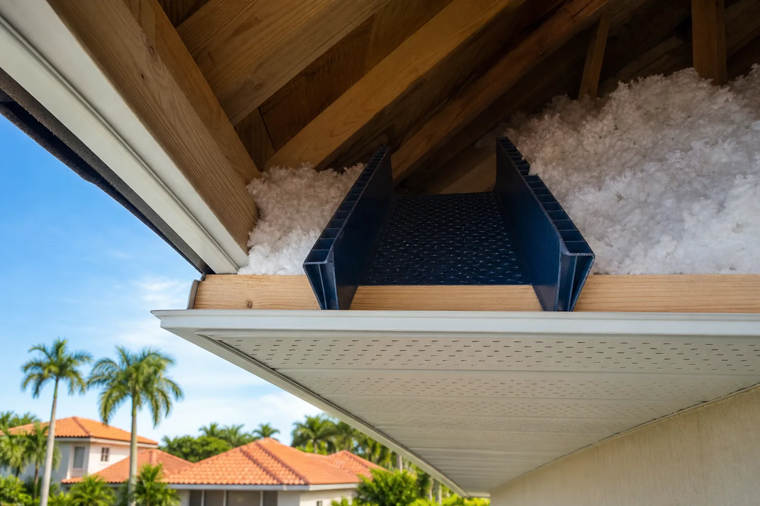 Close-up of attic eave showing dark plastic foam baffle channel amid blown-in insulation, wood rafters, white soffit, palm trees beyond.