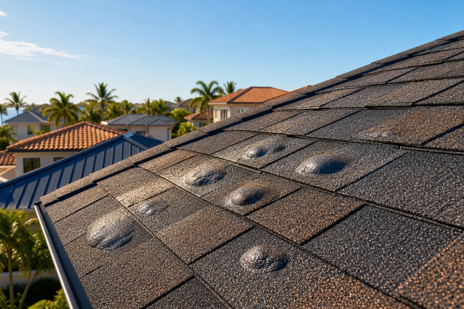 Close-up of dark asphalt shingles with multiple raised blister-like bumps in a sunny Florida neighborhood setting.