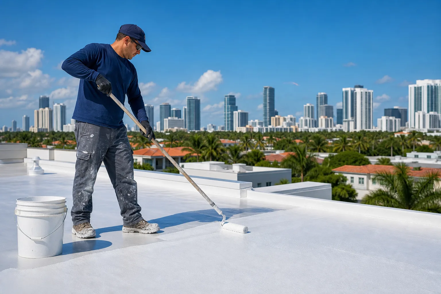 Roofer in navy gear applies white elastomeric coating on flat commercial roof with roller; Miami skyline and palms in background.