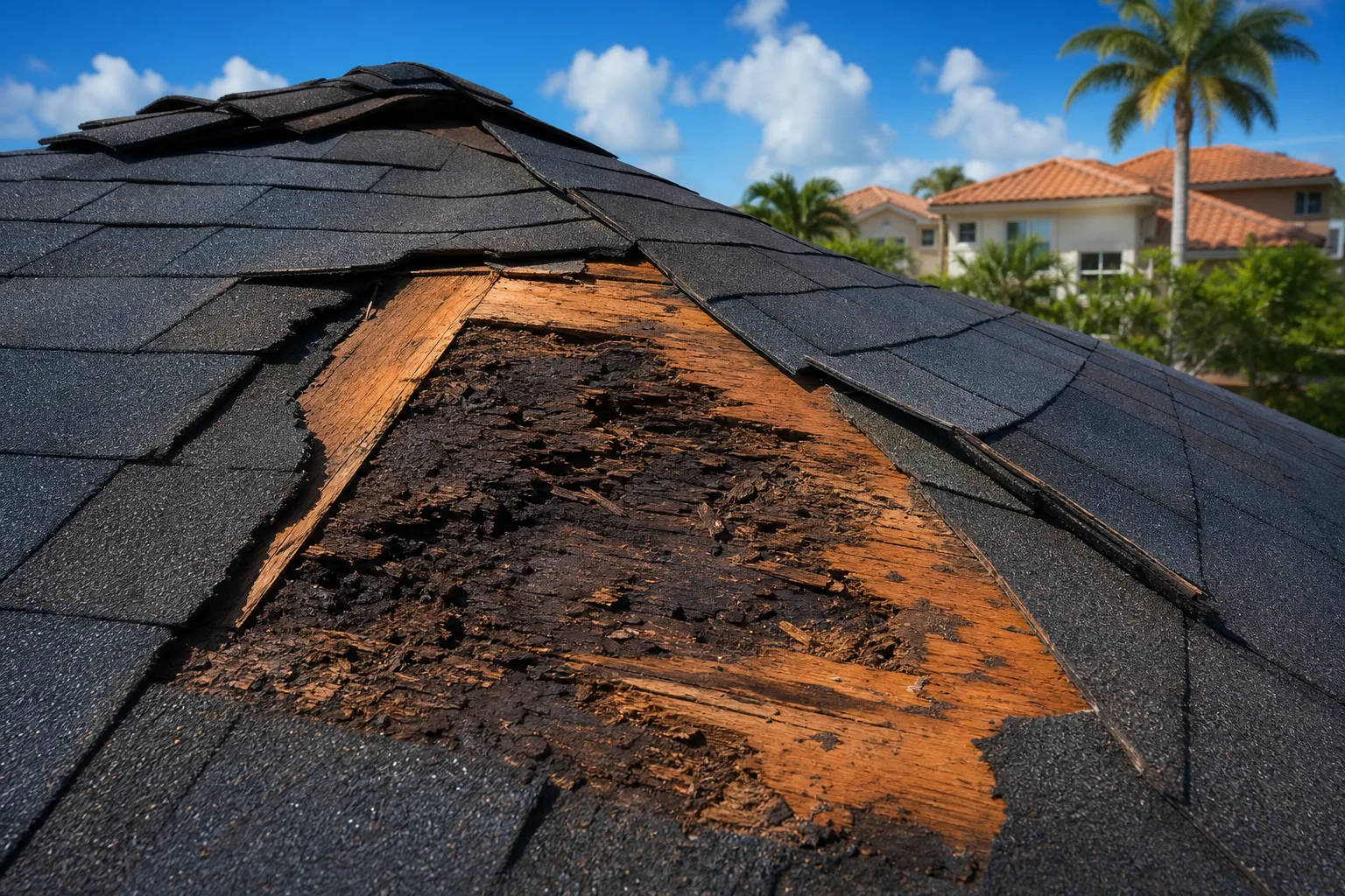 Close-up of damaged roof with shingles lifted, exposing severely rotted, dark, crumbling plywood decking beneath, tropical setting.