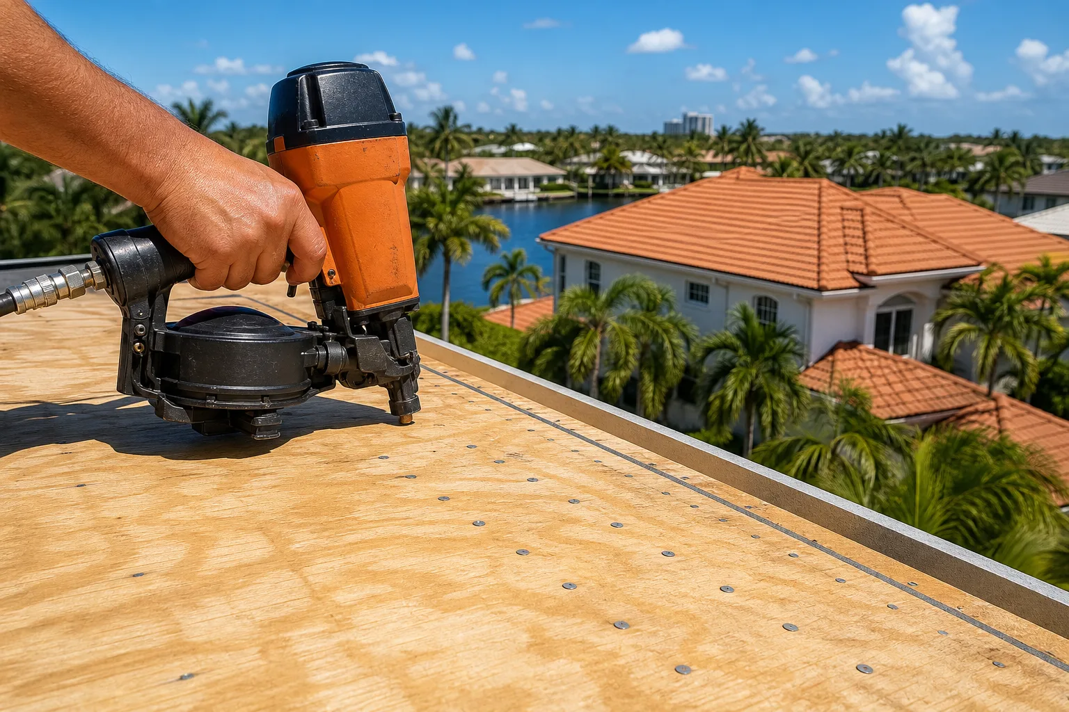 Roofer's hand pressing orange nail gun onto plywood sheathing with driven nails visible; waterfront Florida homes in background.