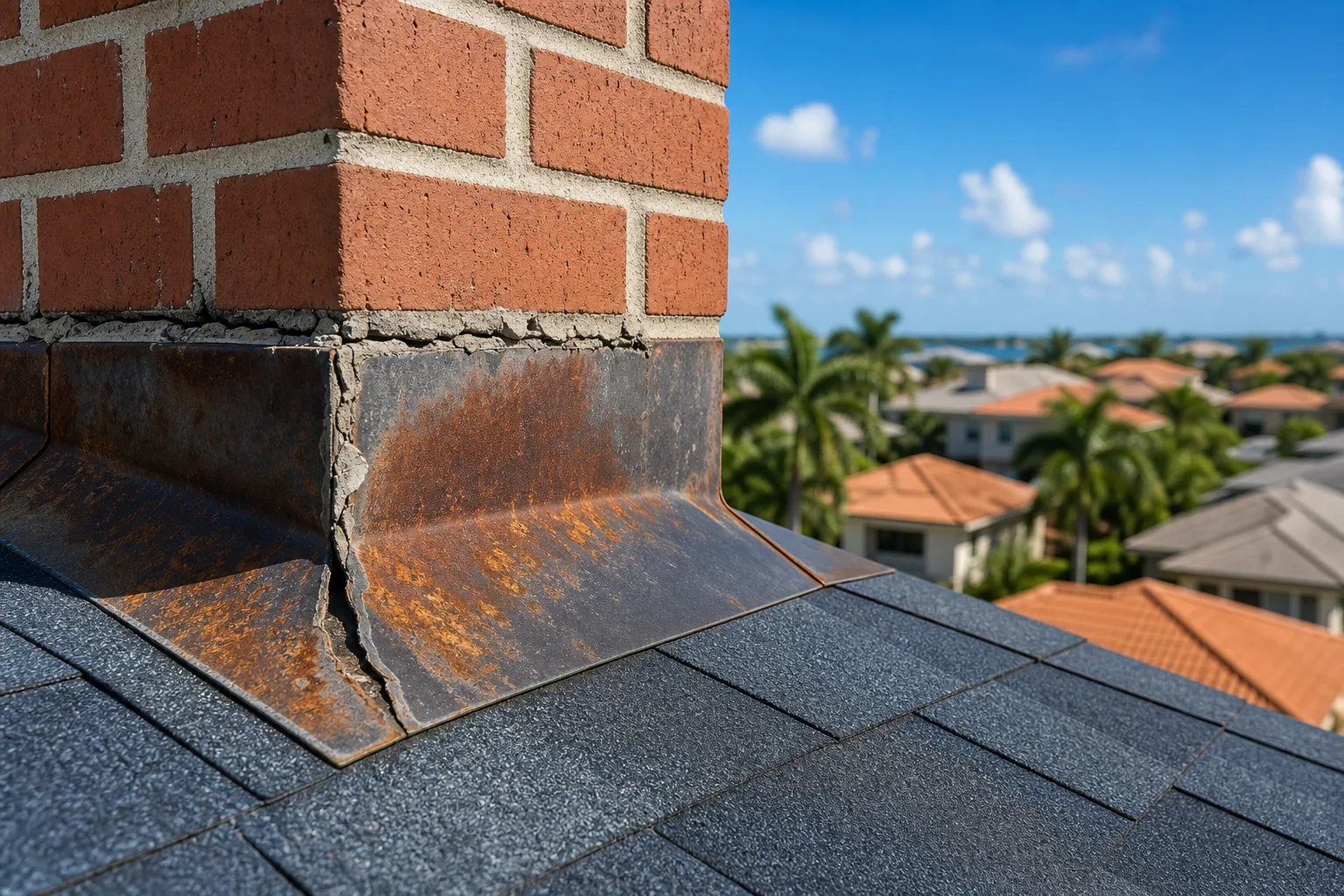 Close-up of heavily rusted chimney flashing with cracked mortar where metal meets red brick on asphalt shingle roof