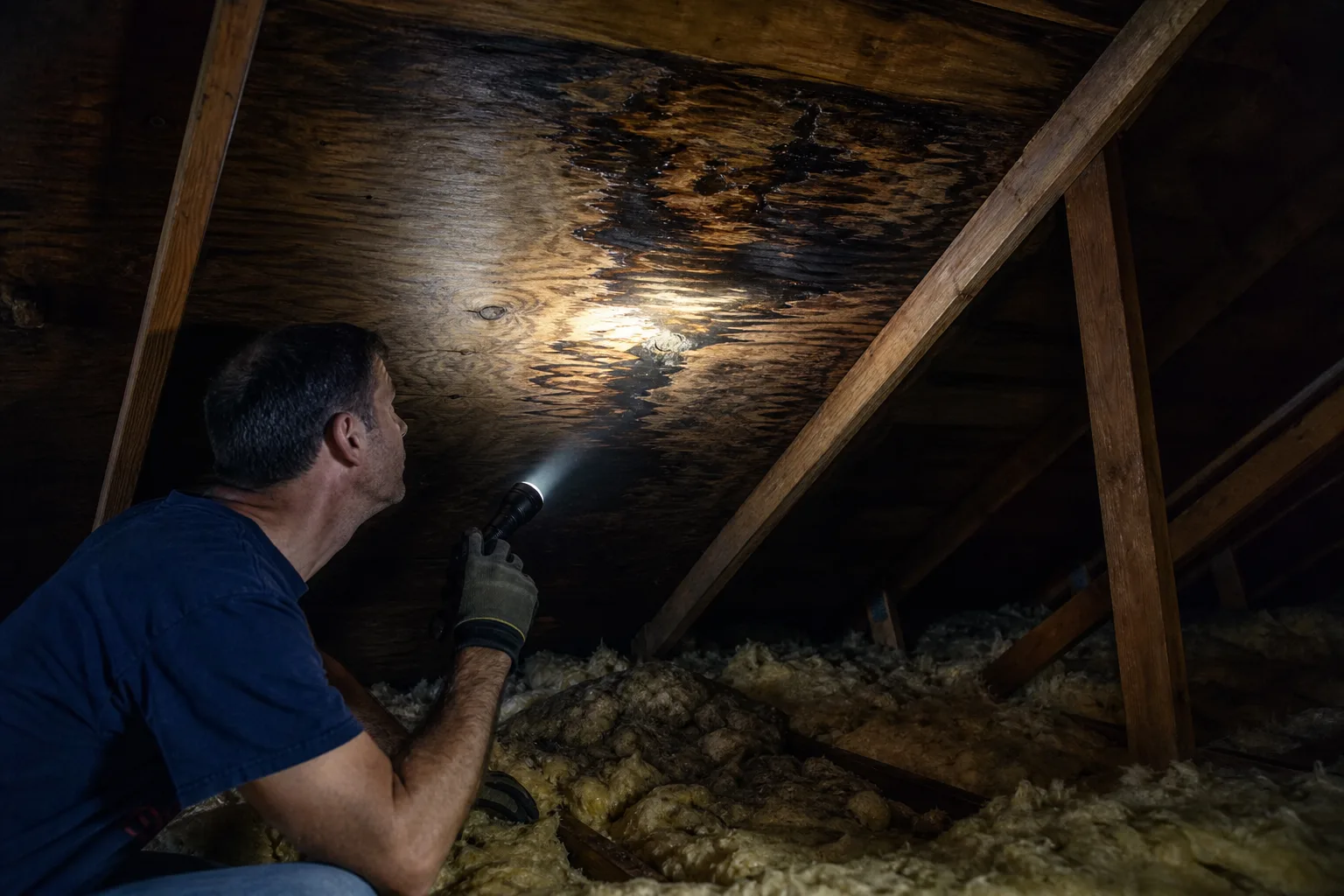 Man with flashlight inspecting dark mold-stained plywood roof decking in attic with fiberglass insulation below