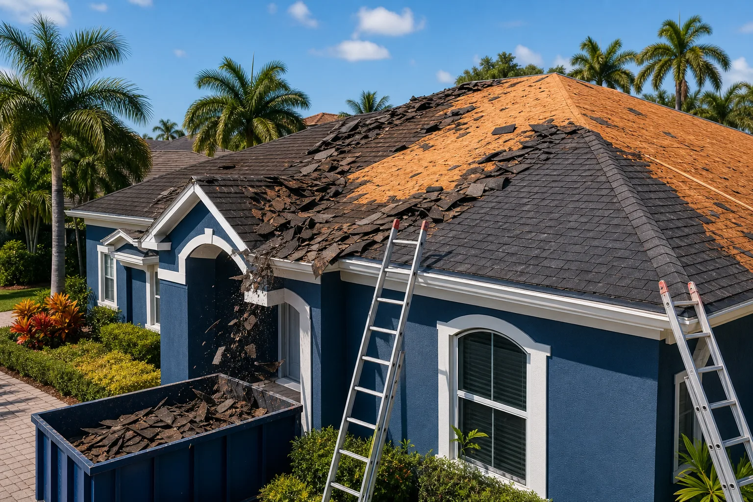Blue stucco Florida home with shingles being stripped from roof, two ladders leaning against it, debris falling into dumpster below