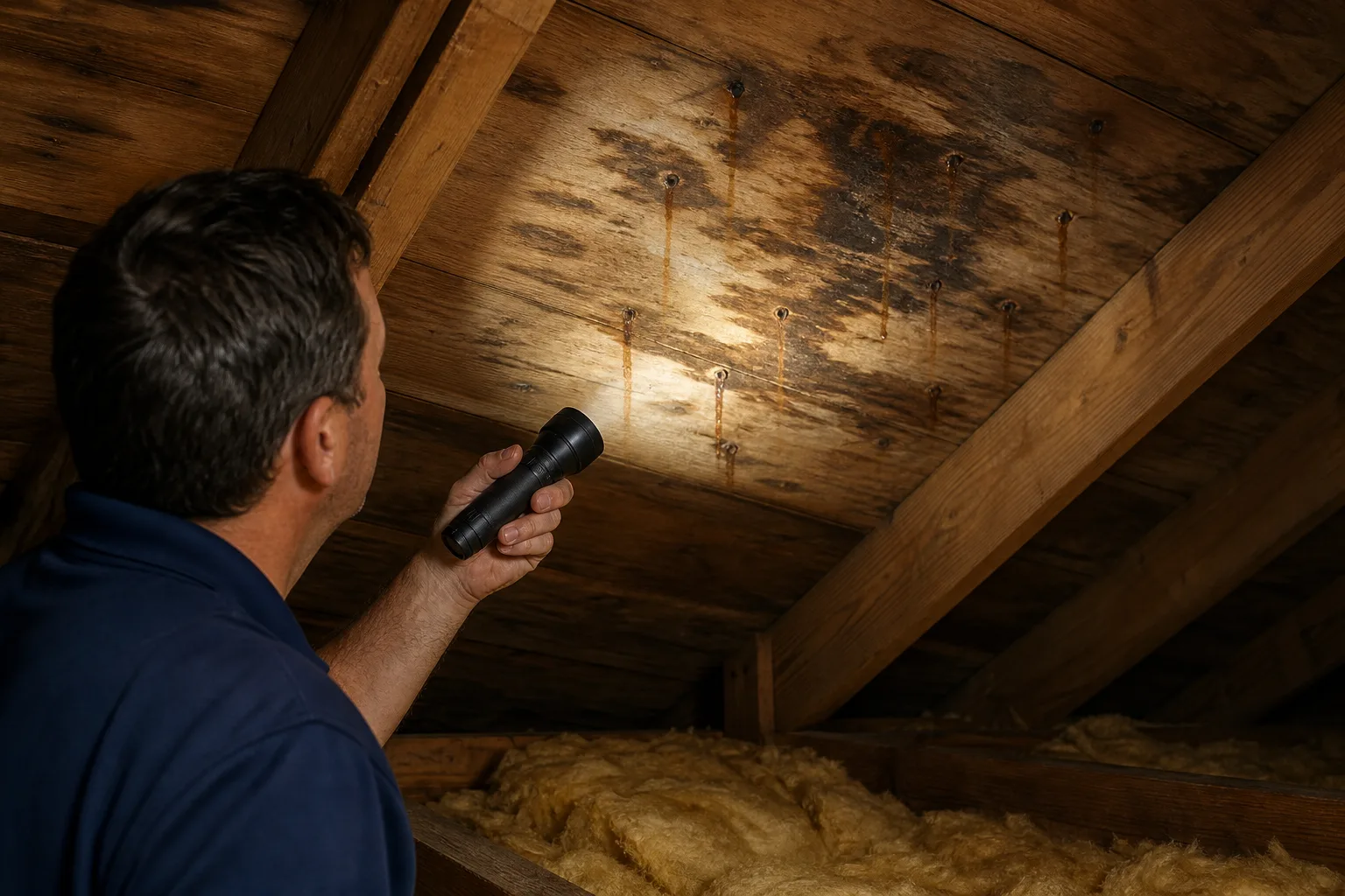 Man in blue shirt shines flashlight at attic roof deck showing dark mold stains, rust streaks, and fiberglass insulation below.