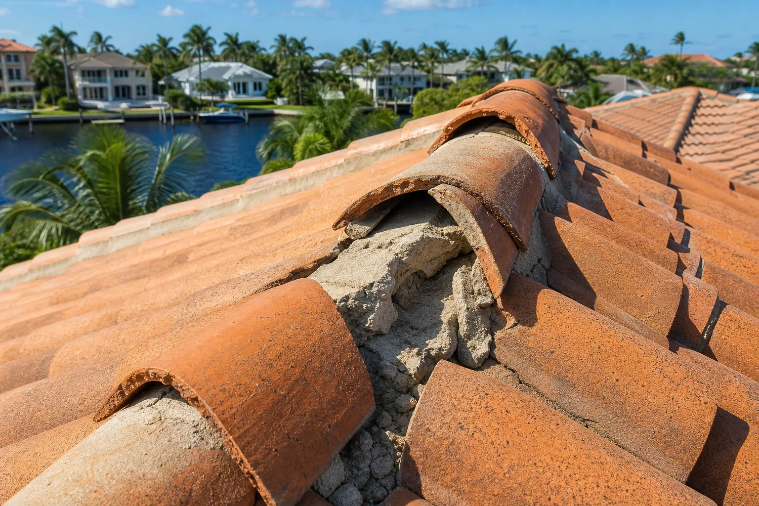Close-up of damaged clay tile roof ridge cap with crumbling mortar and displaced tiles; Florida waterfront homes visible in background.