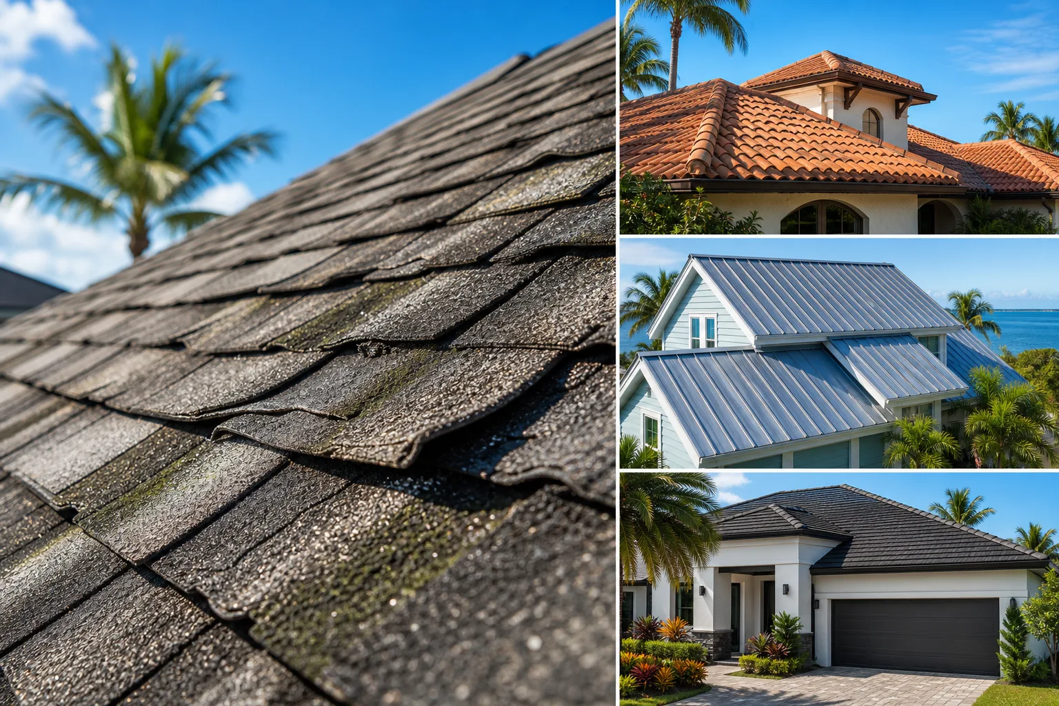 Collage: weathered curling asphalt shingles close-up, plus Florida homes with clay tile, metal, and concrete tile roofs