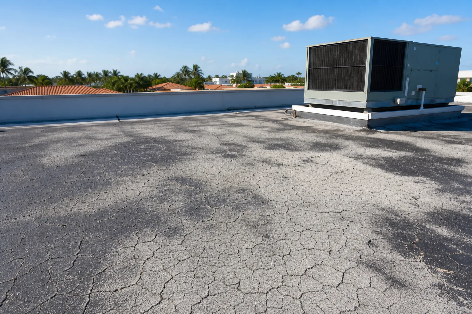 Weathered flat commercial rooftop with alligatoring cracks on aged membrane, rooftop HVAC unit, palm trees in background.