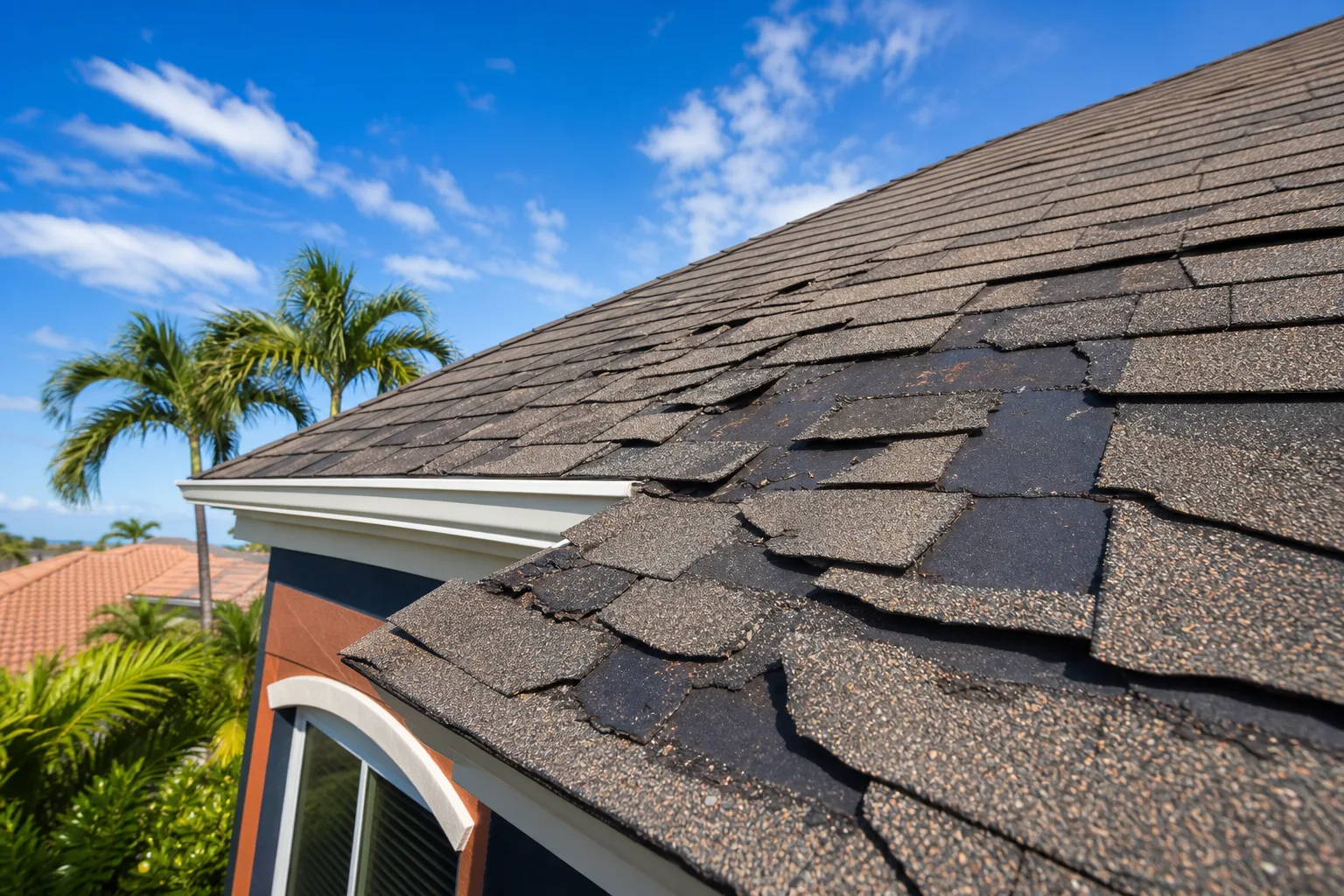 Close-up of a residential roof with severely curling, cracked, and granule-stripped dark asphalt shingles under a blue sky.