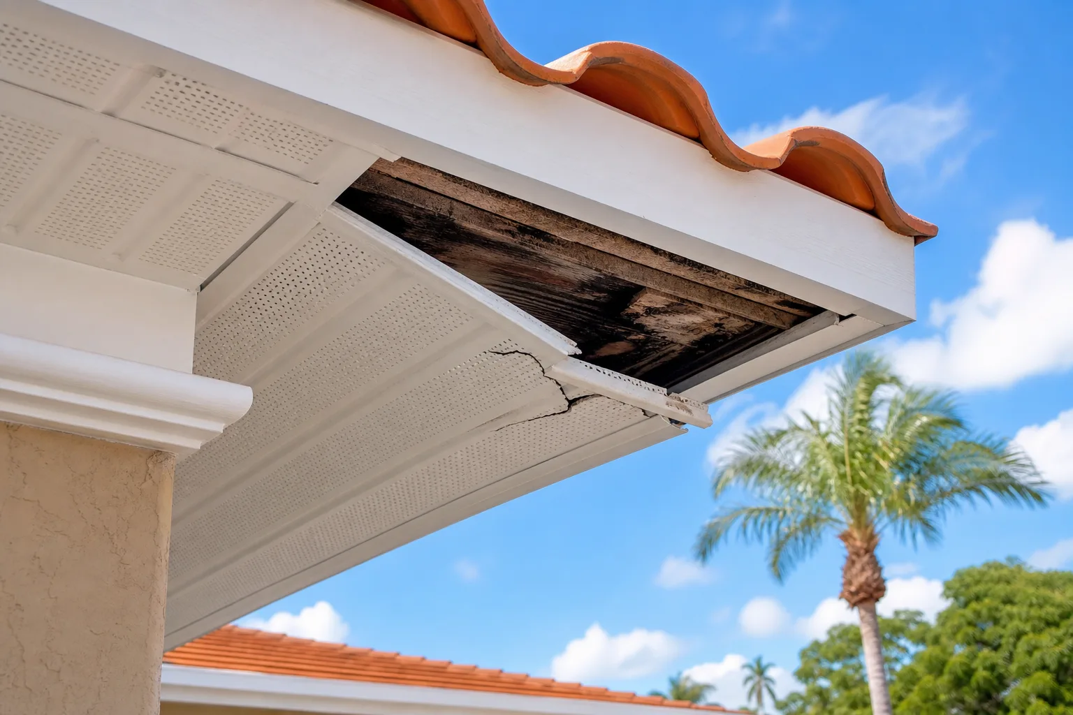 Cracked and sagging white vinyl soffit panel revealing dark rotted wood sheathing beneath a clay tile roof eave.