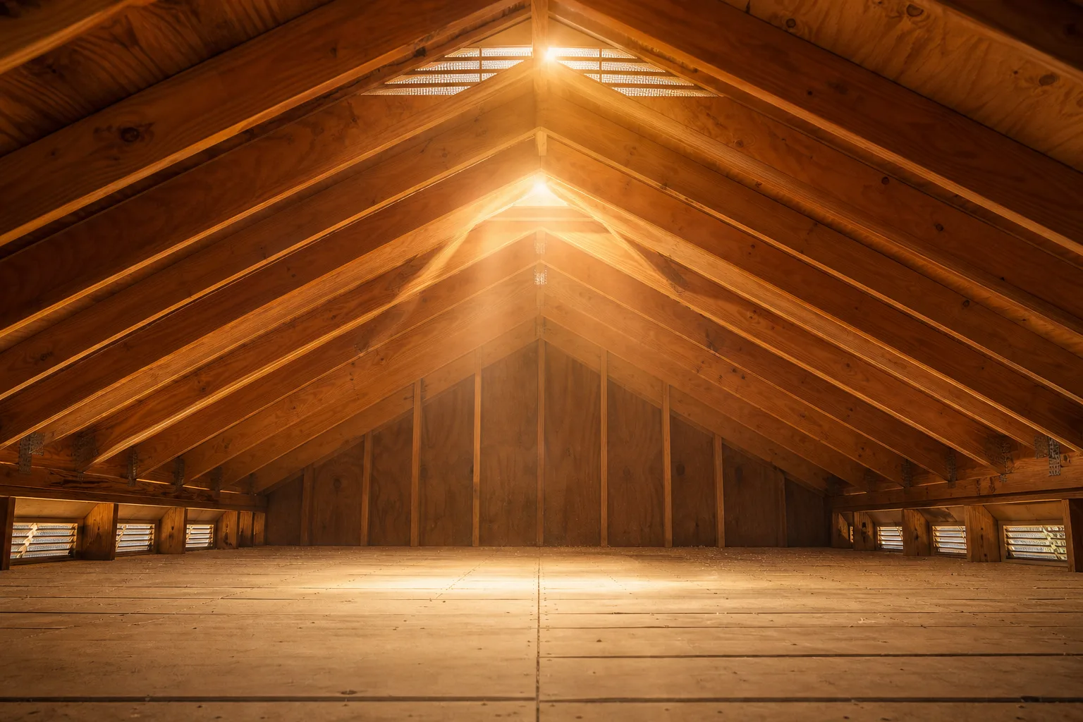 Interior of a clean wooden attic with peaked rafters, plywood decking, soffit vents on both sides, and warm glowing ridge vent light